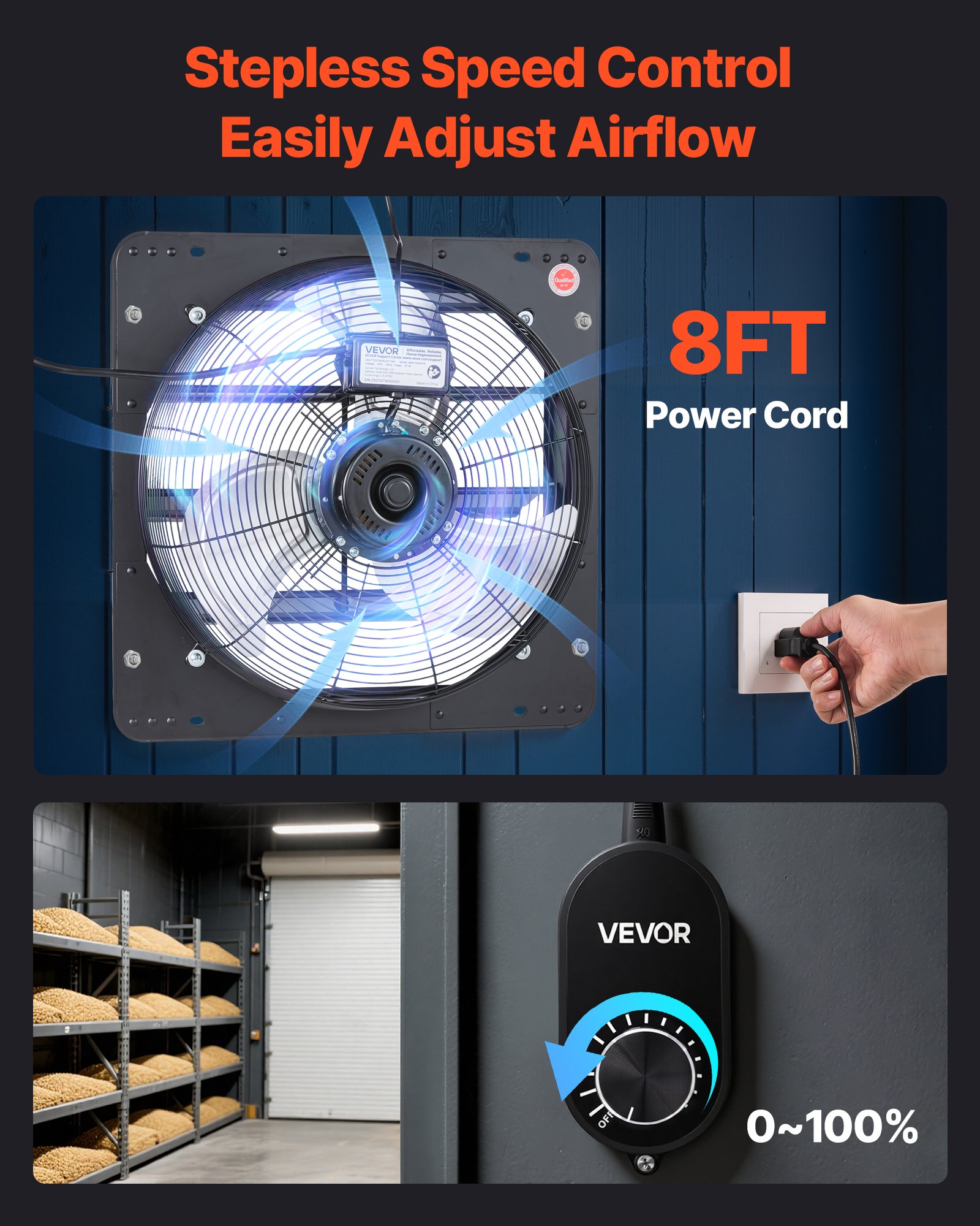 VEVOR Ventilador de escape de 18 pulgadas con persianas, ventilador de ventilación de ático de pared con controlador de velocidad variable, 2200 CFM, motor de CA, acero resistente, bajo nivel de ruido para cobertizos, garajes e invernaderos, color negro