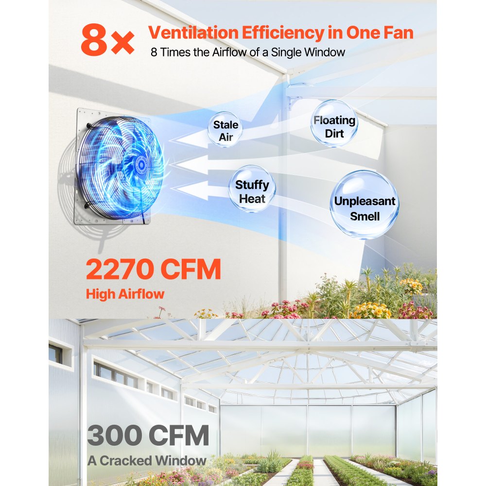 VEVOR Shutter Exhaust Fan 413 mm Wall Mounted Automatic Louvers Silver, Sturdy Steel Housing, 2270 CFM Low Noise, AC Motor, Ventilation and Cooling for Attic, Garage, Barn, Greenhouse, Workshop