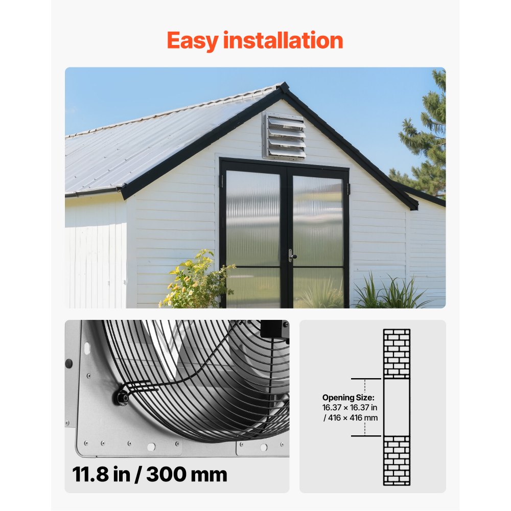 VEVOR Shutter Exhaust Fan 413 mm Wall Mounted Automatic Louvers Silver, Sturdy Steel Housing, 2270 CFM Low Noise, AC Motor, Ventilation and Cooling for Attic, Garage, Barn, Greenhouse, Workshop