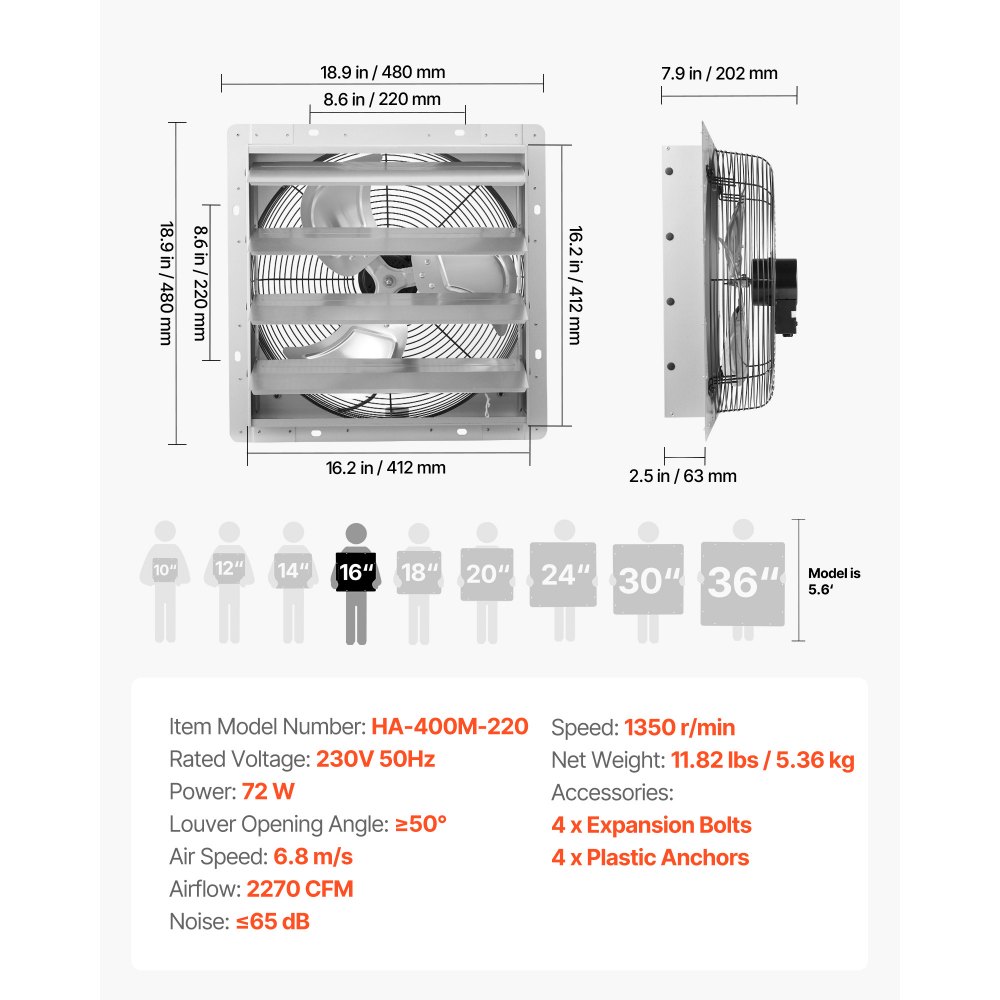 VEVOR Shutter Exhaust Fan 413 mm Wall Mounted Automatic Louvers Silver, Sturdy Steel Housing, 2270 CFM Low Noise, AC Motor, Ventilation and Cooling for Attic, Garage, Barn, Greenhouse, Workshop
