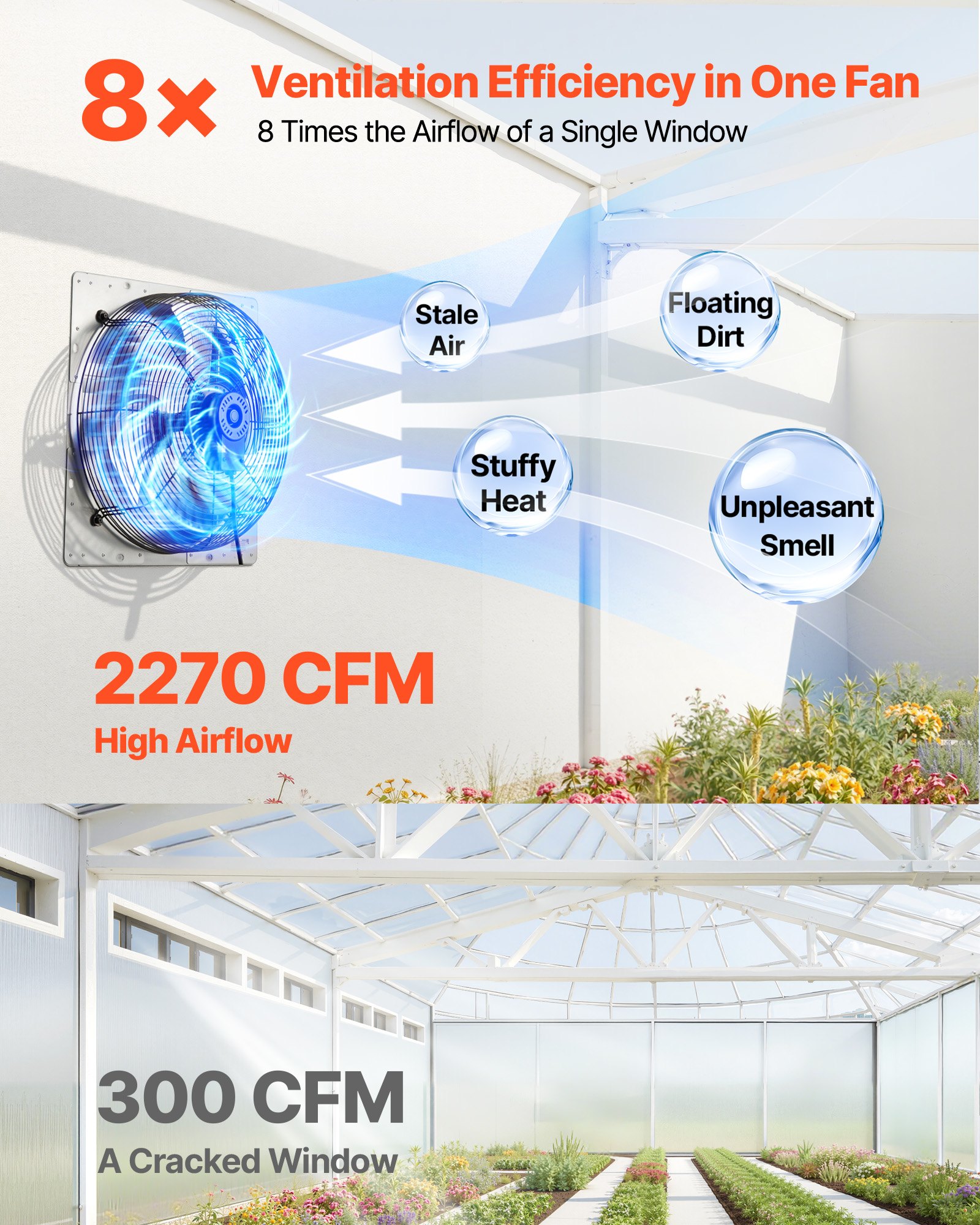 VEVOR Shutter Exhaust Fan 413 mm Wall Mounted Automatic Louvers Silver, Sturdy Steel Housing, 2270 CFM Low Noise, AC Motor, Ventilation and Cooling for Attic, Garage, Barn, Greenhouse, Workshop