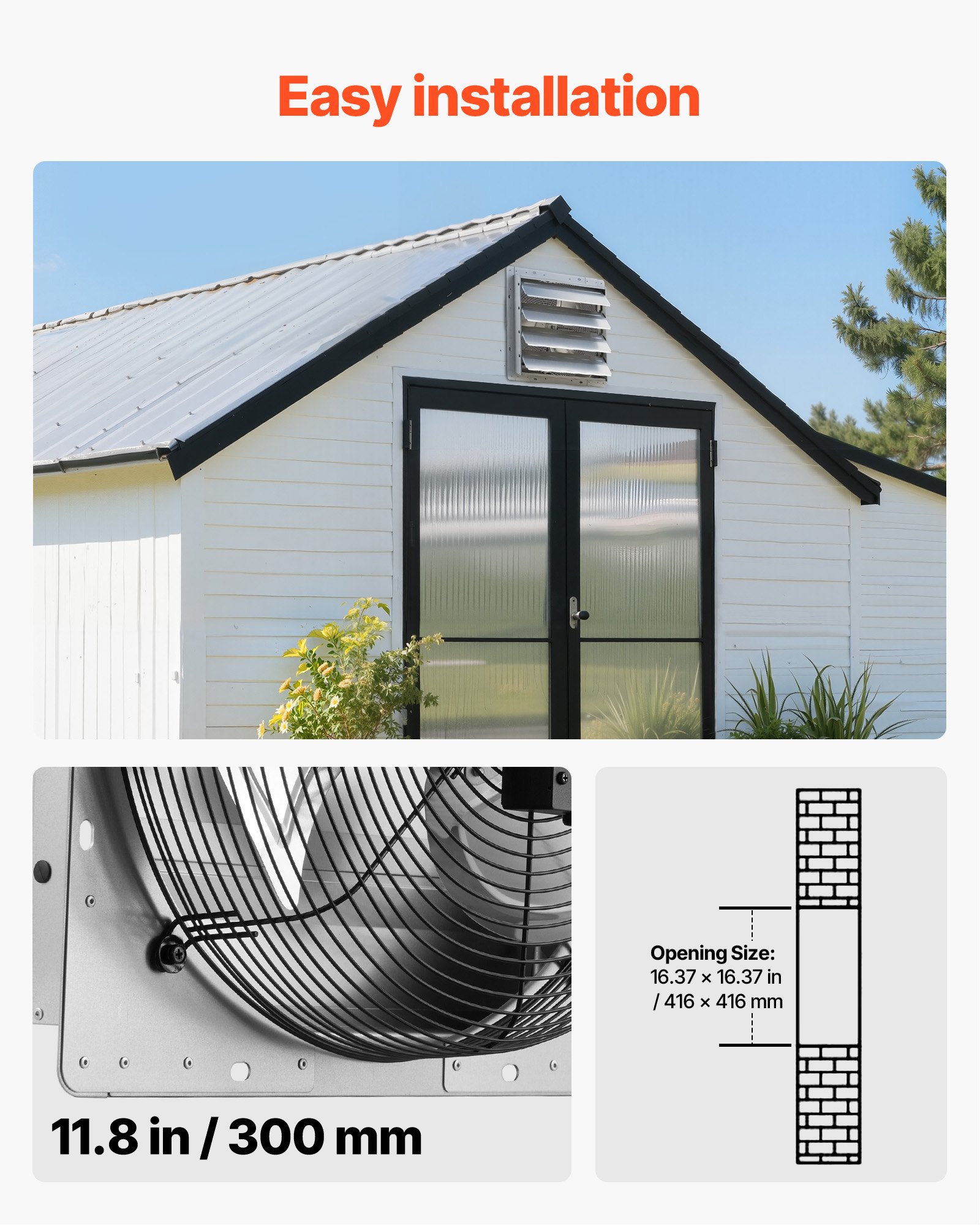 VEVOR Shutter Exhaust Fan 413 mm Wall Mounted Automatic Louvers Silver, Sturdy Steel Housing, 2270 CFM Low Noise, AC Motor, Ventilation and Cooling for Attic, Garage, Barn, Greenhouse, Workshop