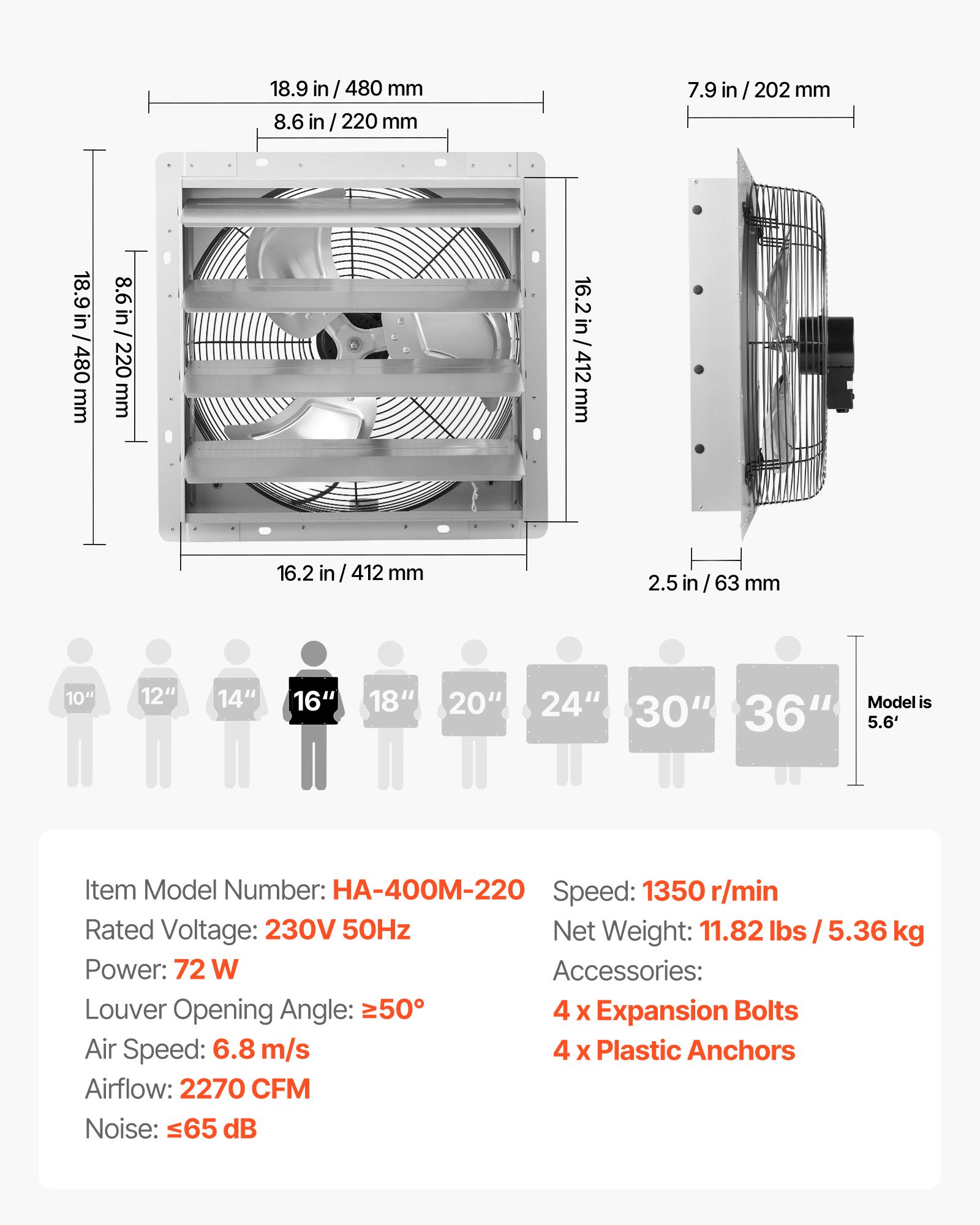 VEVOR Shutter Exhaust Fan 413 mm Wall Mounted Automatic Louvers Silver, Sturdy Steel Housing, 2270 CFM Low Noise, AC Motor, Ventilation and Cooling for Attic, Garage, Barn, Greenhouse, Workshop
