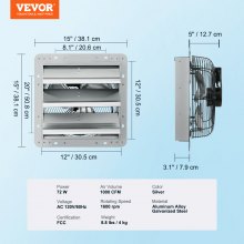 VEVOR 12'' Shutter Exhaust Fan, High-speed 1000 CFM, Aluminum Wall Mount Attic Fan with AC-motor, Ventilation and Cooling for Greenhouses, Garages, Sheds, Shops, FCC