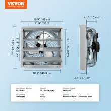 VEVOR 16'' Shutter Exhaust Fan, High-speed 2000 CFM, Aluminum Wall Mount Attic Fan with AC-motor, Ventilation and Cooling for Greenhouses, Garages, Sheds, Shops, FCC