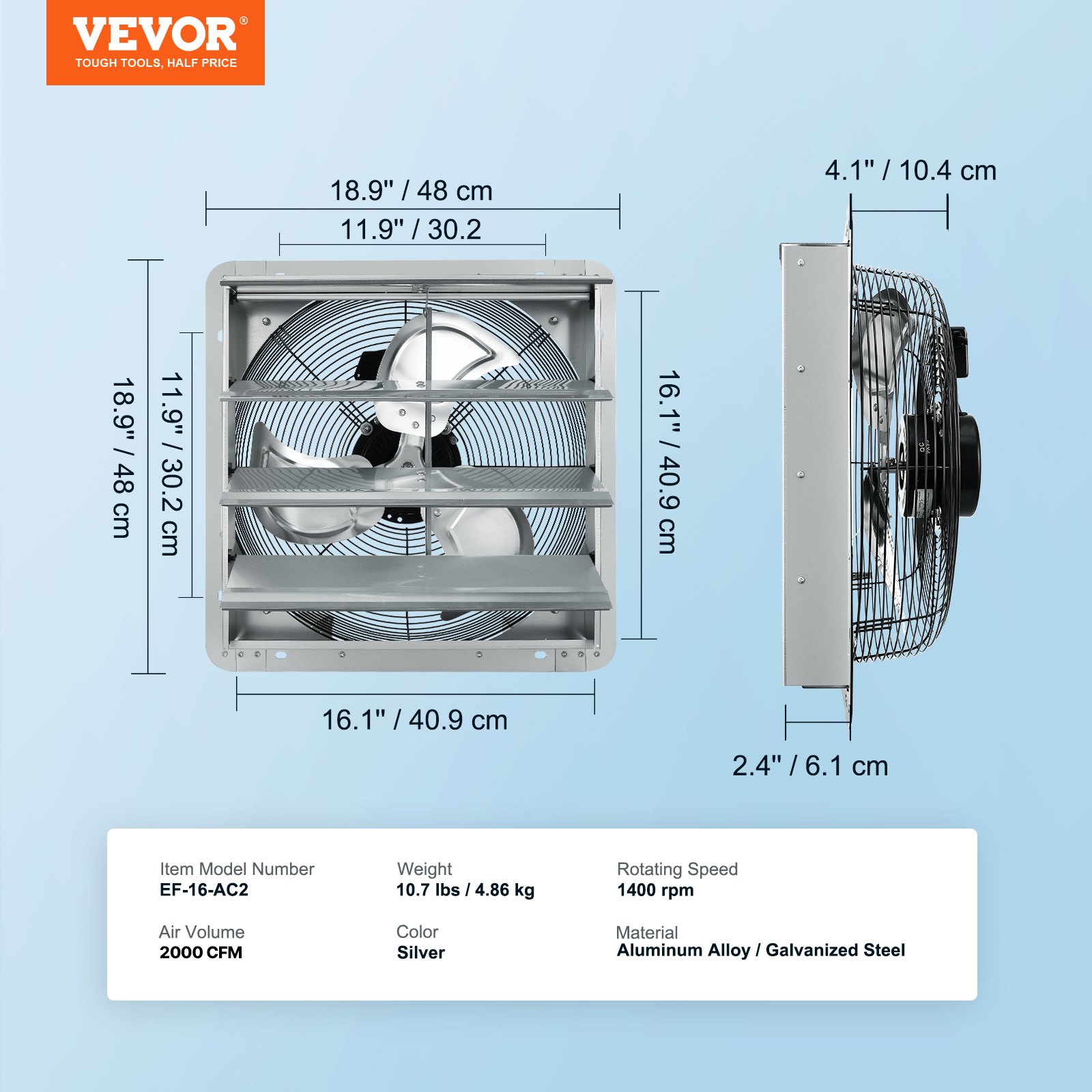 VEVOR Shutter Exhaust Fan, 406 mm High-speed 1400RPM 1506 CFM, Aluminum Wall Mount Attic Fan with AC-motor, Ventilation and Cooling for Greenhouses, Garages, Sheds, Shops