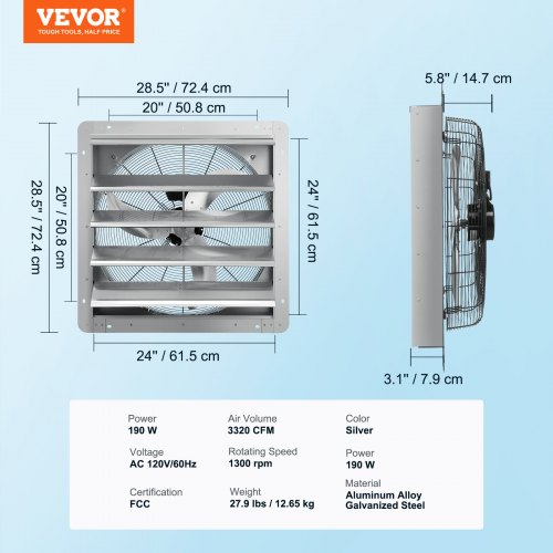 VEVOR 24'' Shutter Exhaust Fan, High-speed 3320 CFM, Aluminum Wall Mount Attic Fan with AC-motor, Ventilation and Cooling for Greenhouses, Garages, Sheds, Shops, FCC