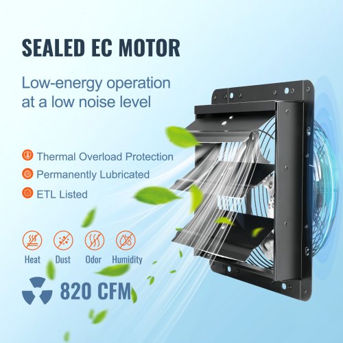 VEVOR Shutter Exhaust Fan, 10'' with Temperature Humidity Controller,  EC-motor, 820 CFM, 10-Speed Adjustable Wall Mount Attic Fan, Ventilation and Cooling for Greenhouses, Garages, Sheds, ETL Listed