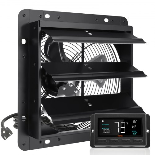 VEVOR Shutter Exhaust Fan, 10'' with Temperature Humidity Controller,  EC-motor, 820 CFM, 10-Speed Adjustable Wall Mount Attic Fan, Ventilation and Cooling for Greenhouses, Garages, Sheds, ETL Listed