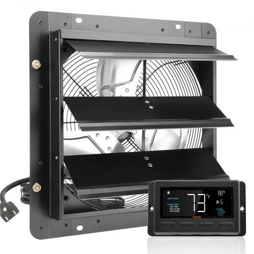VEVOR Shutter Exhaust Fan, 14'' with Temperature Humidity Controller,  EC-motor, 1513 CFM, 10-Speed Adjustable Wall Mount Attic Fan, Ventilation and Cooling for Greenhouses, Garages, Sheds, ETL Listed