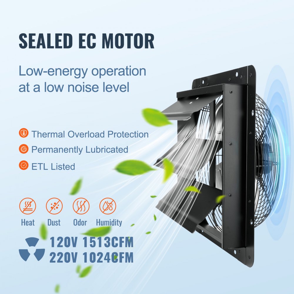VEVOR Shutter Exhaust Fan, 356 mm with Temperature Humidity Controller, EC-motor, 1024 CFM, Variable Speed Adjustable Wall Mount Attic Fan, Ventilation and Cooling for Greenhouses, Garages, Sheds