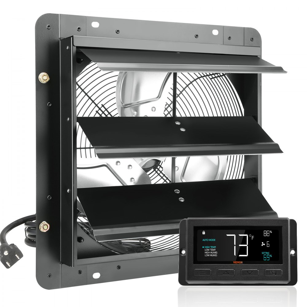 VEVOR Shutter Exhaust Fan, 356 mm with Temperature Humidity Controller, EC-motor, 1024 CFM, Variable Speed Adjustable Wall Mount Attic Fan, Ventilation and Cooling for Greenhouses, Garages, Sheds