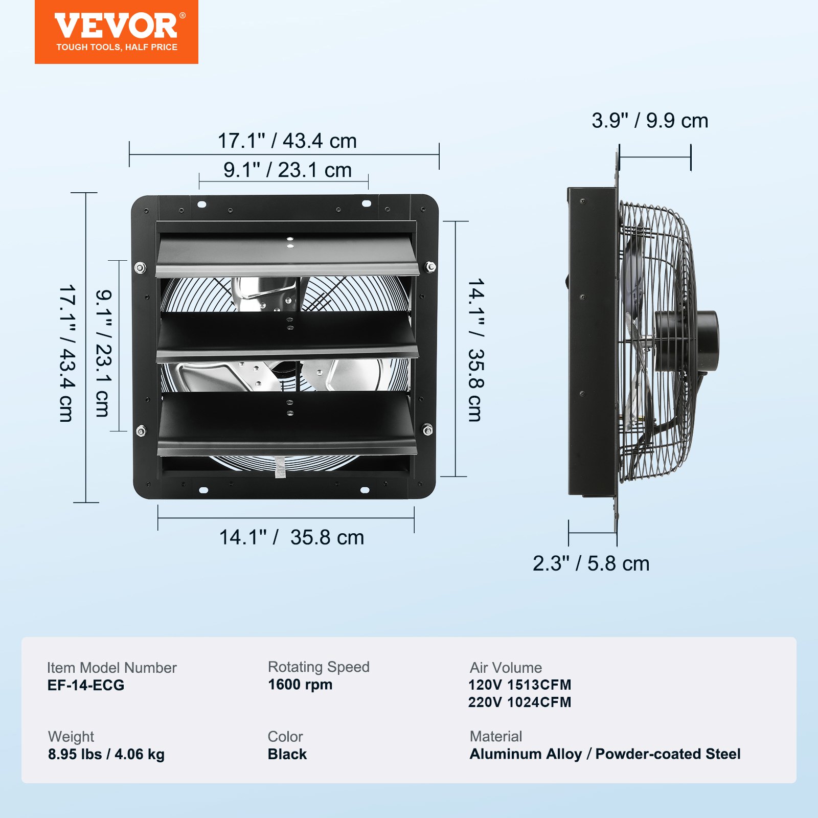 VEVOR Shutter Exhaust Fan, 356 mm with Temperature Humidity Controller, EC-motor, 1024 CFM, Variable Speed Adjustable Wall Mount Attic Fan, Ventilation and Cooling for Greenhouses, Garages, Sheds