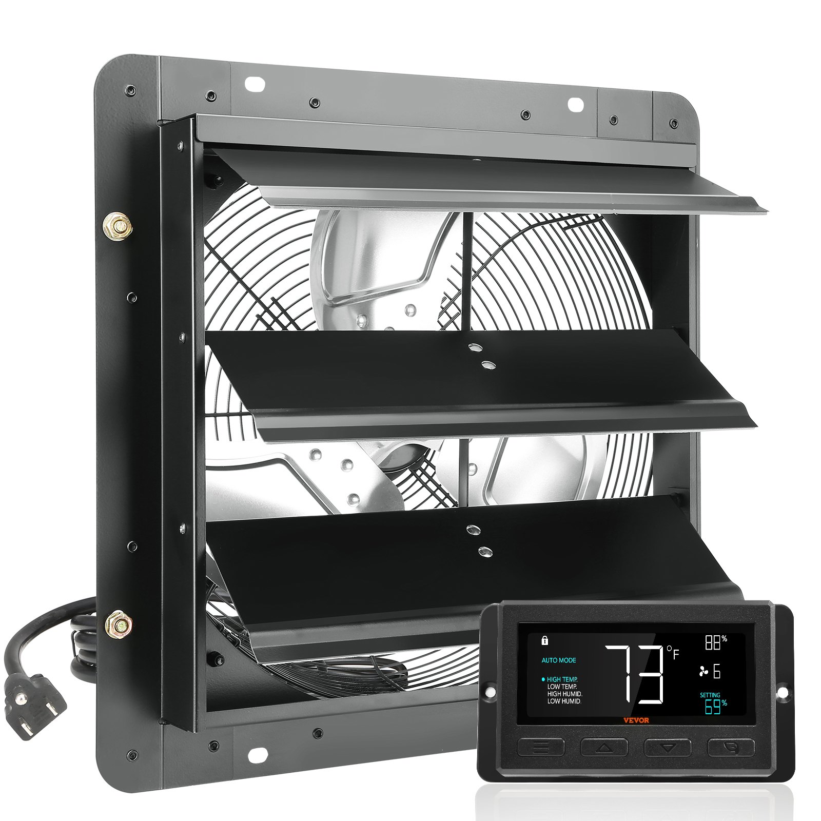 VEVOR Shutter Exhaust Fan, 356 mm with Temperature Humidity Controller, EC-motor, 1024 CFM, Variable Speed Adjustable Wall Mount Attic Fan, Ventilation and Cooling for Greenhouses, Garages, Sheds