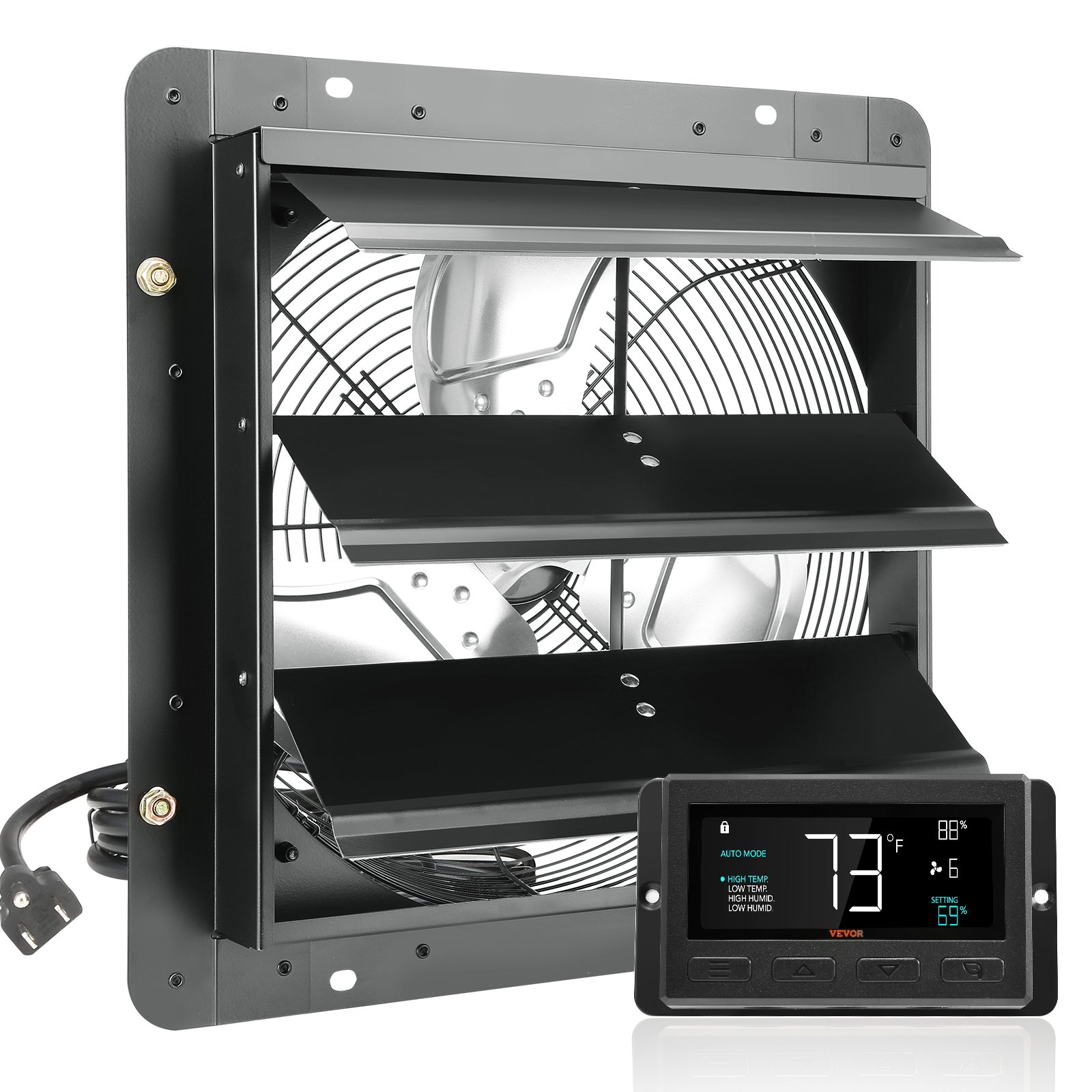 VEVOR Shutter Exhaust Fan, 356 mm with Temperature Humidity Controller, EC-motor, 1024 CFM, Variable Speed Adjustable Wall Mount Attic Fan, Ventilation and Cooling for Greenhouses, Garages, Sheds