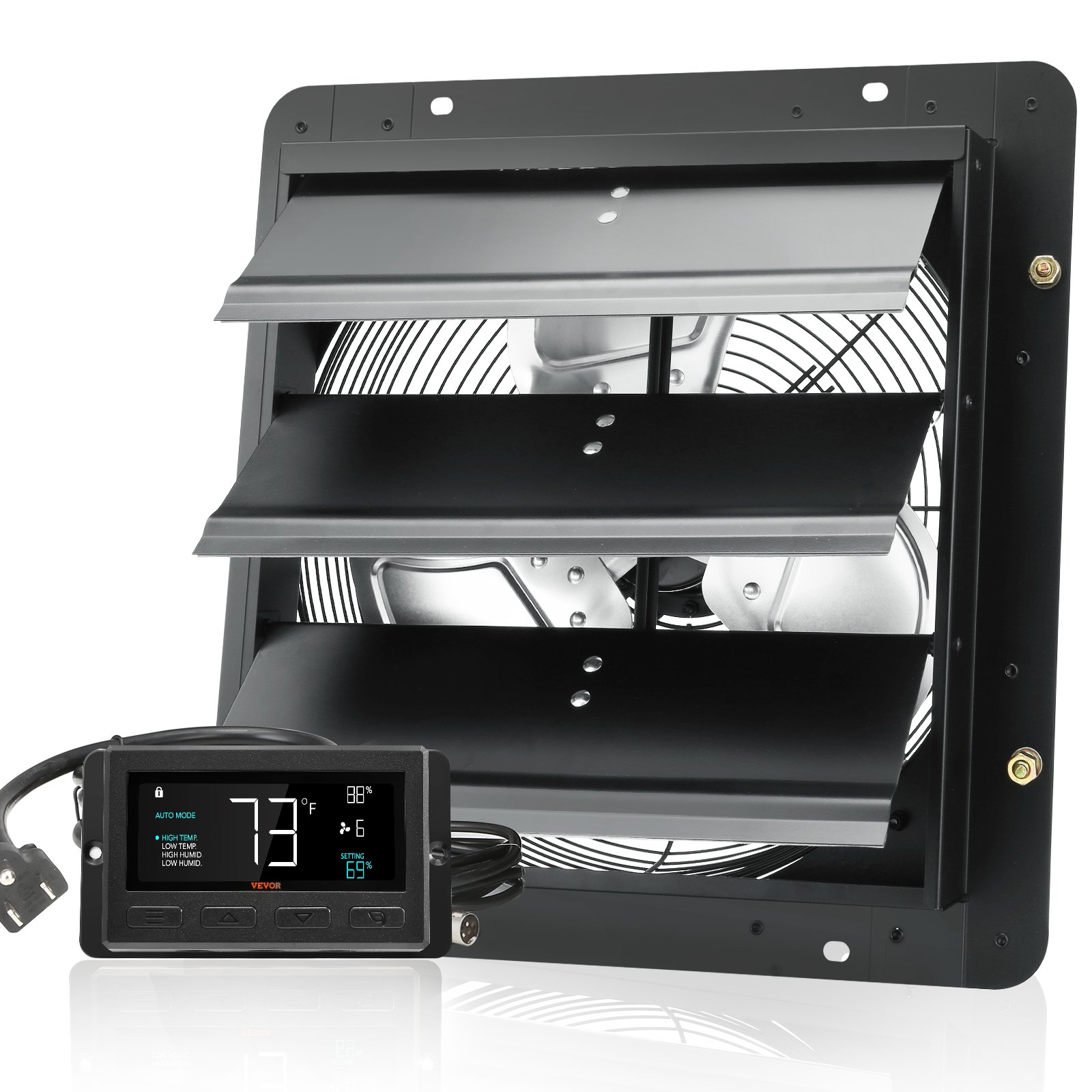 VEVOR Shutter Exhaust Fan, 356 mm with Temperature Humidity Controller, EC-motor, 1024 CFM, Variable Speed Adjustable Wall Mount Attic Fan, Ventilation and Cooling for Greenhouses, Garages, Sheds