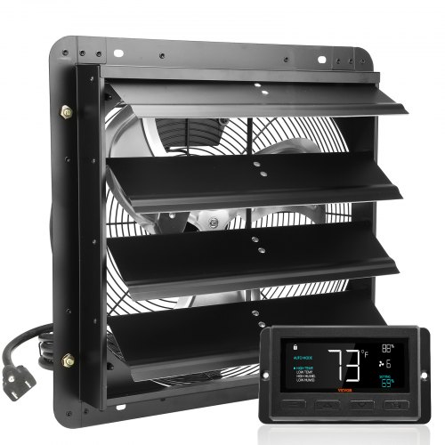 VEVOR Shutter Exhaust Fan, 16'' with Temperature Humidity Controller,  EC-motor, 1747 CFM, 10-Speed Adjustable Wall Mount Attic Fan, Ventilation and Cooling for Greenhouses, Garages, Sheds, ETL Listed