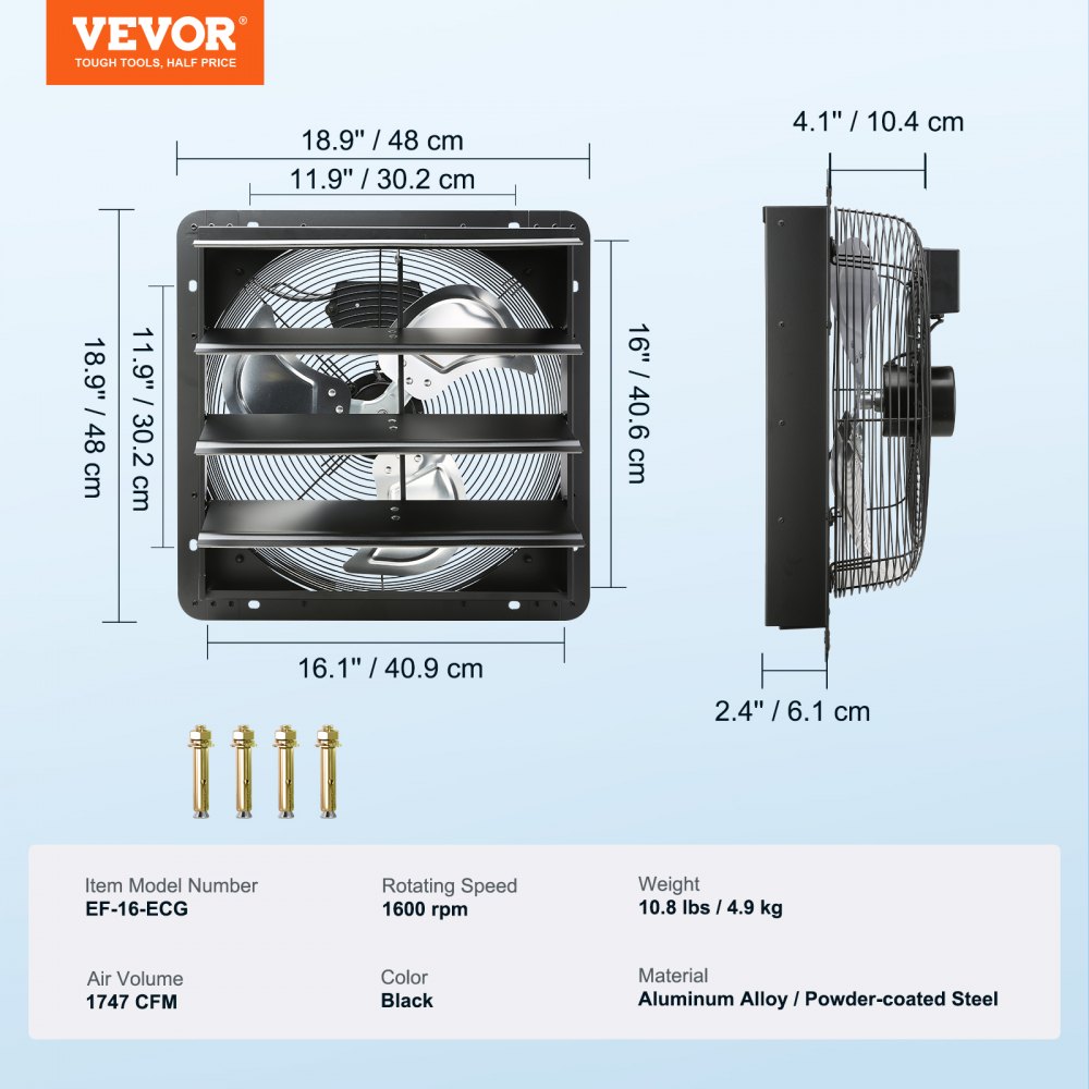VEVOR Shutter Exhaust Fan, 406 mm with Temperature Humidity Controller, EC-motor, 1747 CFM, Variable Speed Adjustable Wall Mount Attic Fan, Ventilation and Cooling for Greenhouses, Garages, Sheds