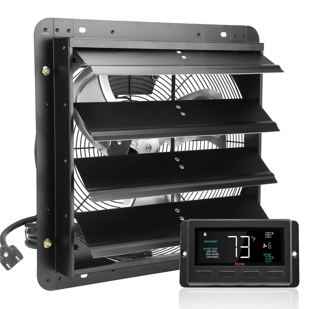 VEVOR Shutter Exhaust Fan, 406 mm with Temperature Humidity Controller, EC-motor, 1747 CFM, Variable Speed Adjustable Wall Mount Attic Fan, Ventilation and Cooling for Greenhouses, Garages, Sheds