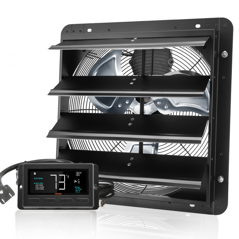 VEVOR Shutter Exhaust Fan, 406 mm with Temperature Humidity Controller, EC-motor, 1747 CFM, Variable Speed Adjustable Wall Mount Attic Fan, Ventilation and Cooling for Greenhouses, Garages, Sheds