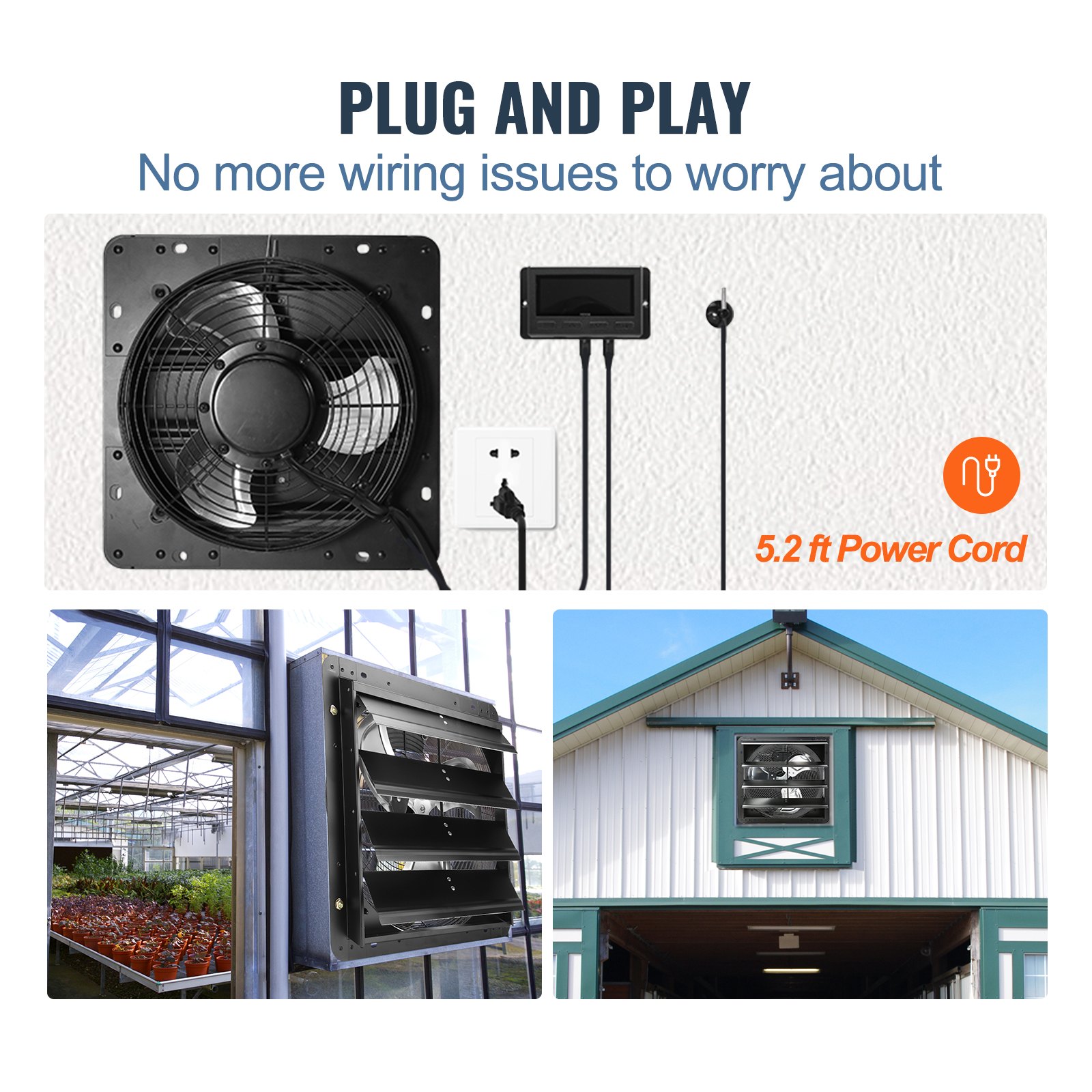 VEVOR Shutter Exhaust Fan, 406 mm with Temperature Humidity Controller, EC-motor, 1747 CFM, Variable Speed Adjustable Wall Mount Attic Fan, Ventilation and Cooling for Greenhouses, Garages, Sheds