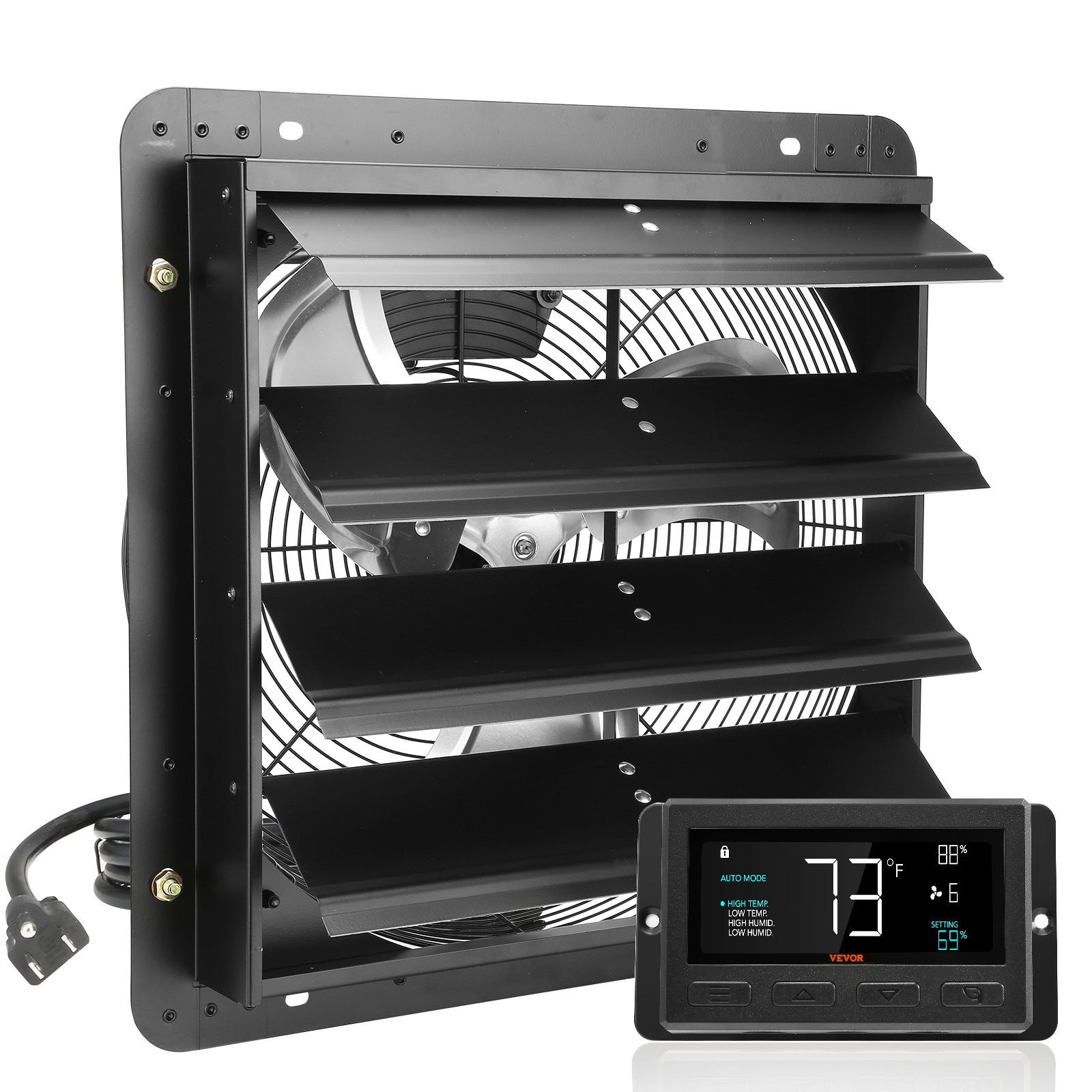 VEVOR Shutter Exhaust Fan, 406 mm with Temperature Humidity Controller, EC-motor, 1747 CFM, Variable Speed Adjustable Wall Mount Attic Fan, Ventilation and Cooling for Greenhouses, Garages, Sheds