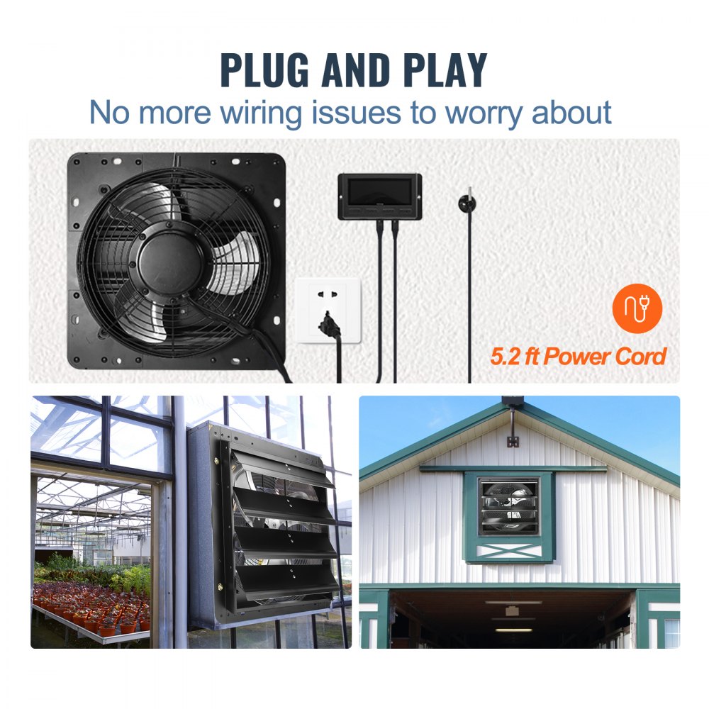 VEVOR Shutter Exhaust Fan, 406 mm with Temperature Humidity Controller, EC-motor, 1747 CFM, Variable Speed Adjustable Wall Mount Attic Fan, Ventilation and Cooling for Greenhouses, Garages, Sheds