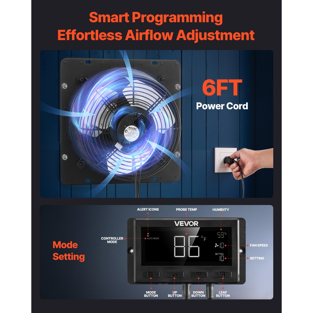 VEVOR 12 inch Shutter Exhaust Fan, Wall Mounted Attic Vent Fan with Smart Programming Variable Speed Temperature Control, 1500 CFM,EC Motor,Timer, for Shed,Garage,Greenhouse Ventilation Cooling,Black