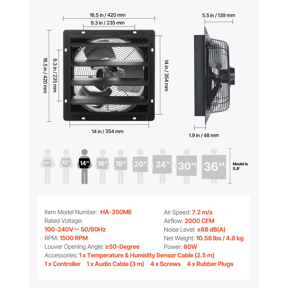 VEVOR 14 inch Shutter Exhaust Fan, Wall Mounted Attic Vent Fan with Smart Programming Variable Speed Temperature Control, 2000 CFM,EC Motor,Timer, for Shed,Garage,Greenhouse Ventilation Cooling,Black