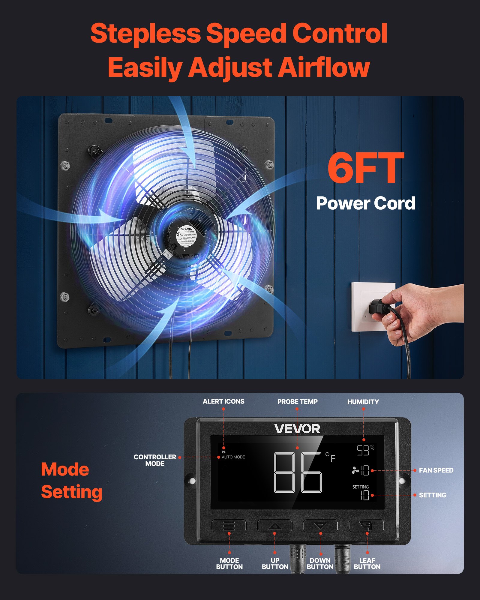 VEVOR 14 inch Shutter Exhaust Fan, Wall Mounted Attic Vent Fan with Smart Programming Variable Speed Temperature Control, 2000 CFM,EC Motor,Timer, for Shed,Garage,Greenhouse Ventilation Cooling,Black