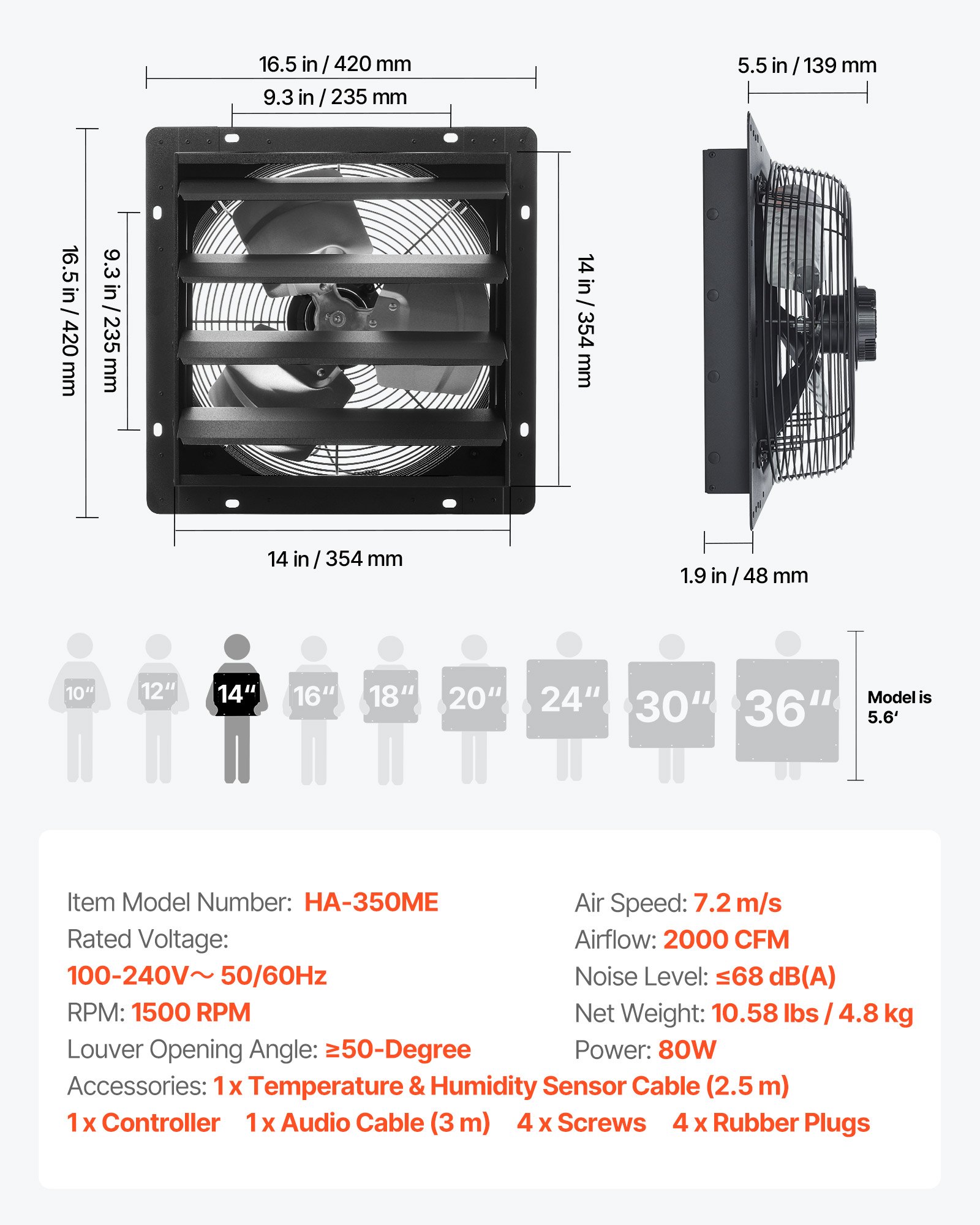 VEVOR 14 inch Shutter Exhaust Fan, Wall Mounted Attic Vent Fan with Smart Programming Variable Speed Temperature Control, 2000 CFM,EC Motor,Timer, for Shed,Garage,Greenhouse Ventilation Cooling,Black