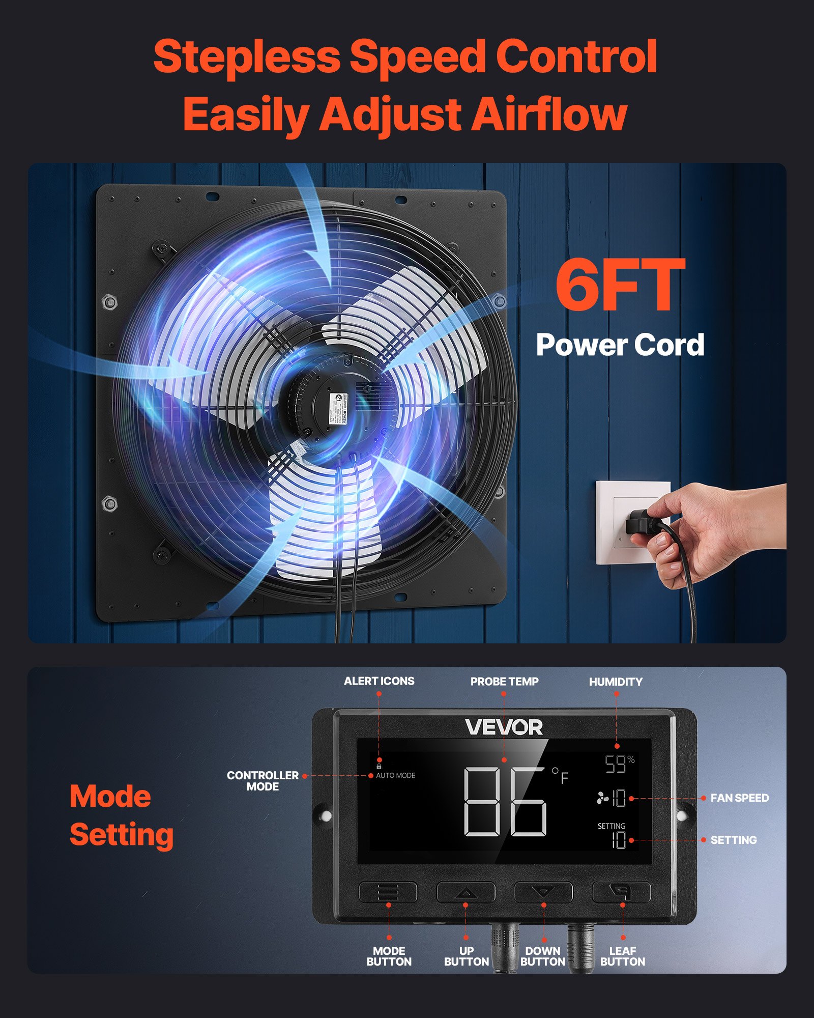 VEVOR 16 inch Shutter Exhaust Fan, Wall Mounted Attic Vent Fan with Smart Programming Variable Speed Temperature Control, 2900 CFM,EC Motor,Timer, for Shed,Garage,Greenhouse Ventilation Cooling,Black