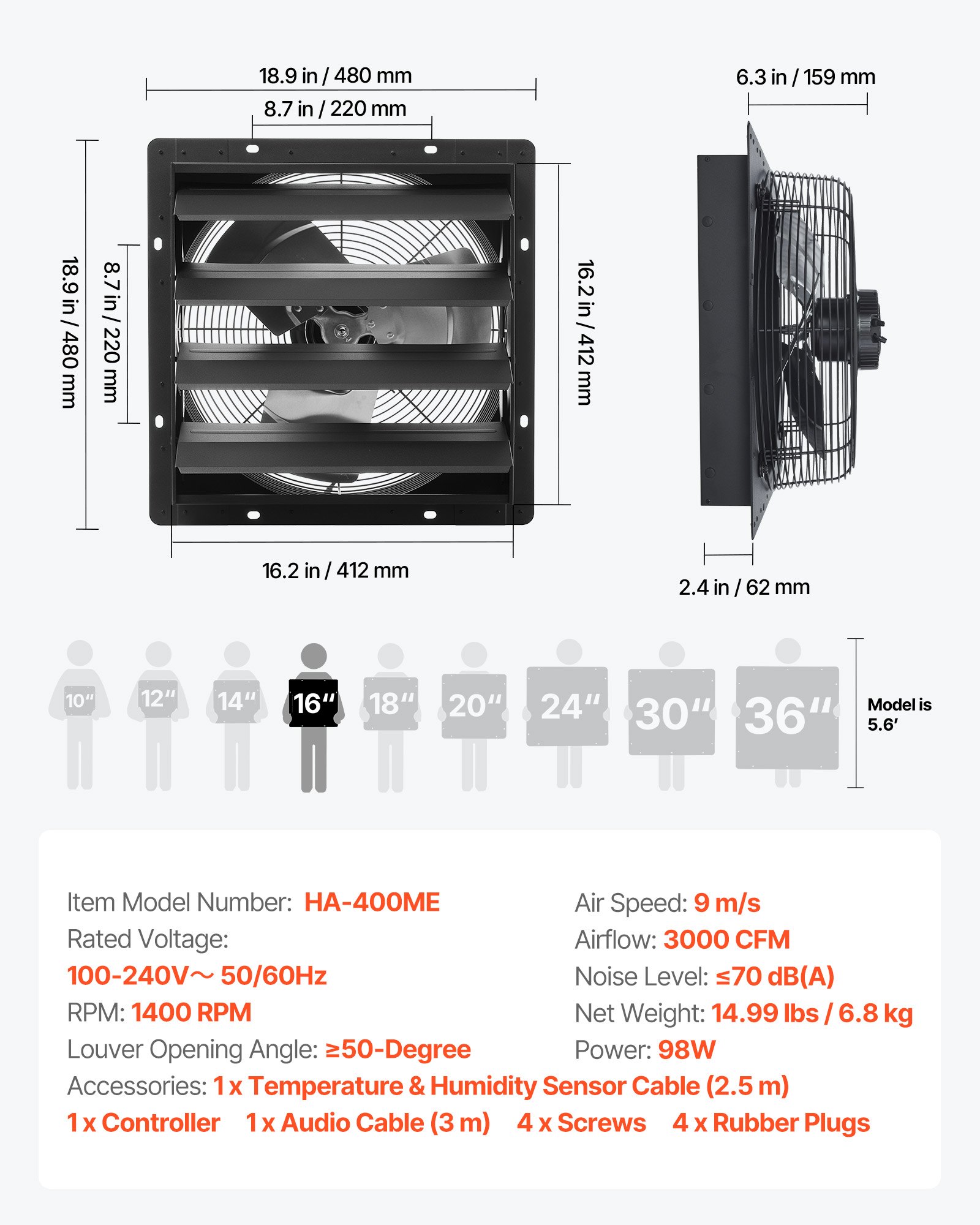 VEVOR 16 inch Shutter Exhaust Fan, Wall Mounted Attic Vent Fan with Smart Programming Variable Speed Temperature Control, 2900 CFM,EC Motor,Timer, for Shed,Garage,Greenhouse Ventilation Cooling,Black