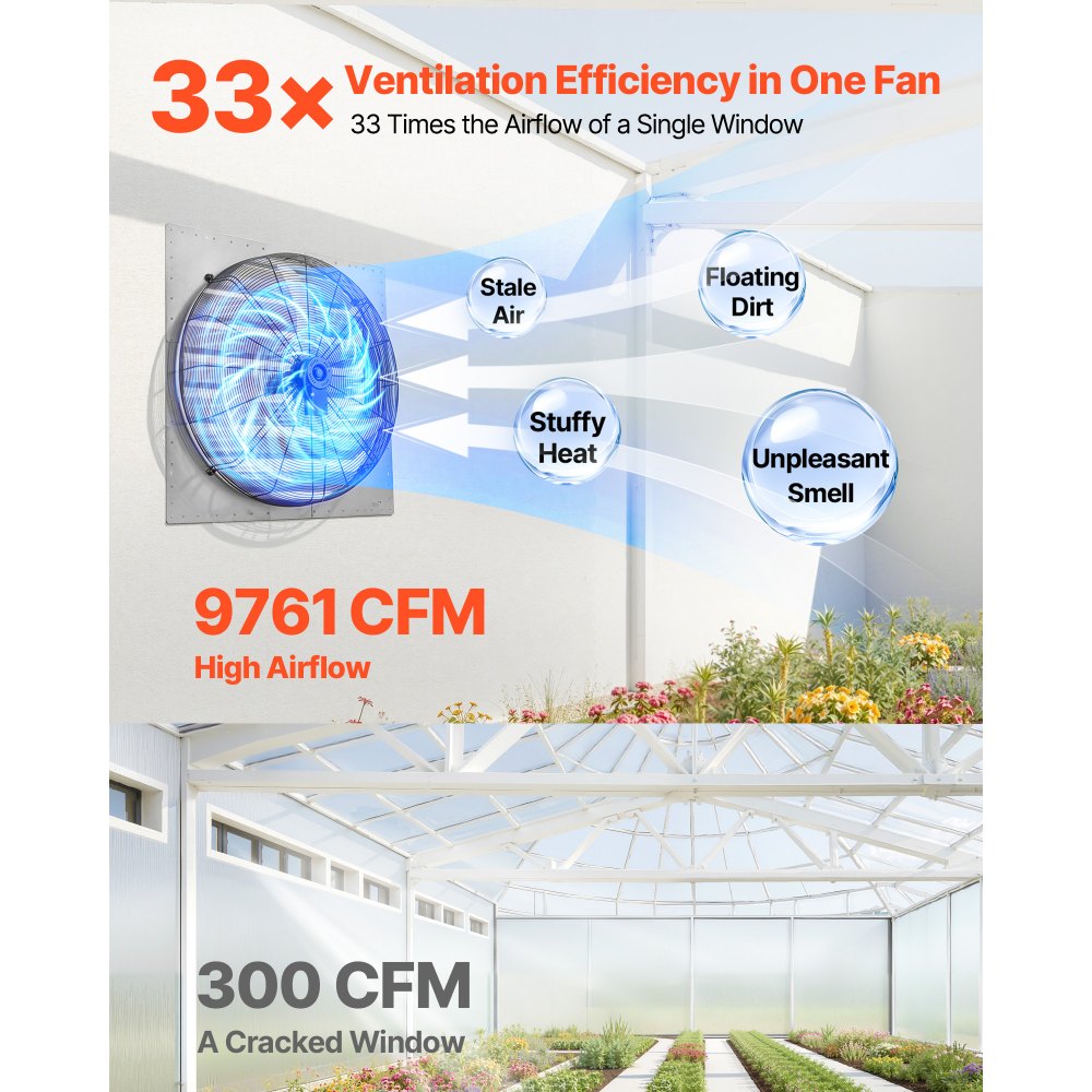 VEVOR 36 Inch Shutter Exhaust Fan Wall Mounted Automatic Louvers Silver, Sturdy Steel Housing, Low Noise, AC Motor, 9761 CFM Ventilation and Cooling for Attic, Garage, Barn, Greenhouse, Workshop