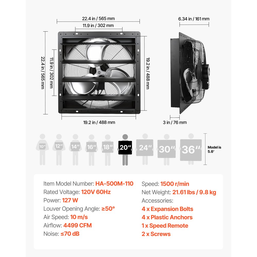 VEVOR 20 in Shutter Exhaust Fan Wall-Mount Automatic Louvers Variable Speed, Sturdy Steel Housing, Low Noise, AC Motor, 4499 CFM Ventilation and Cooling for Attic, Garage, Barn, Greenhouse, Workshop