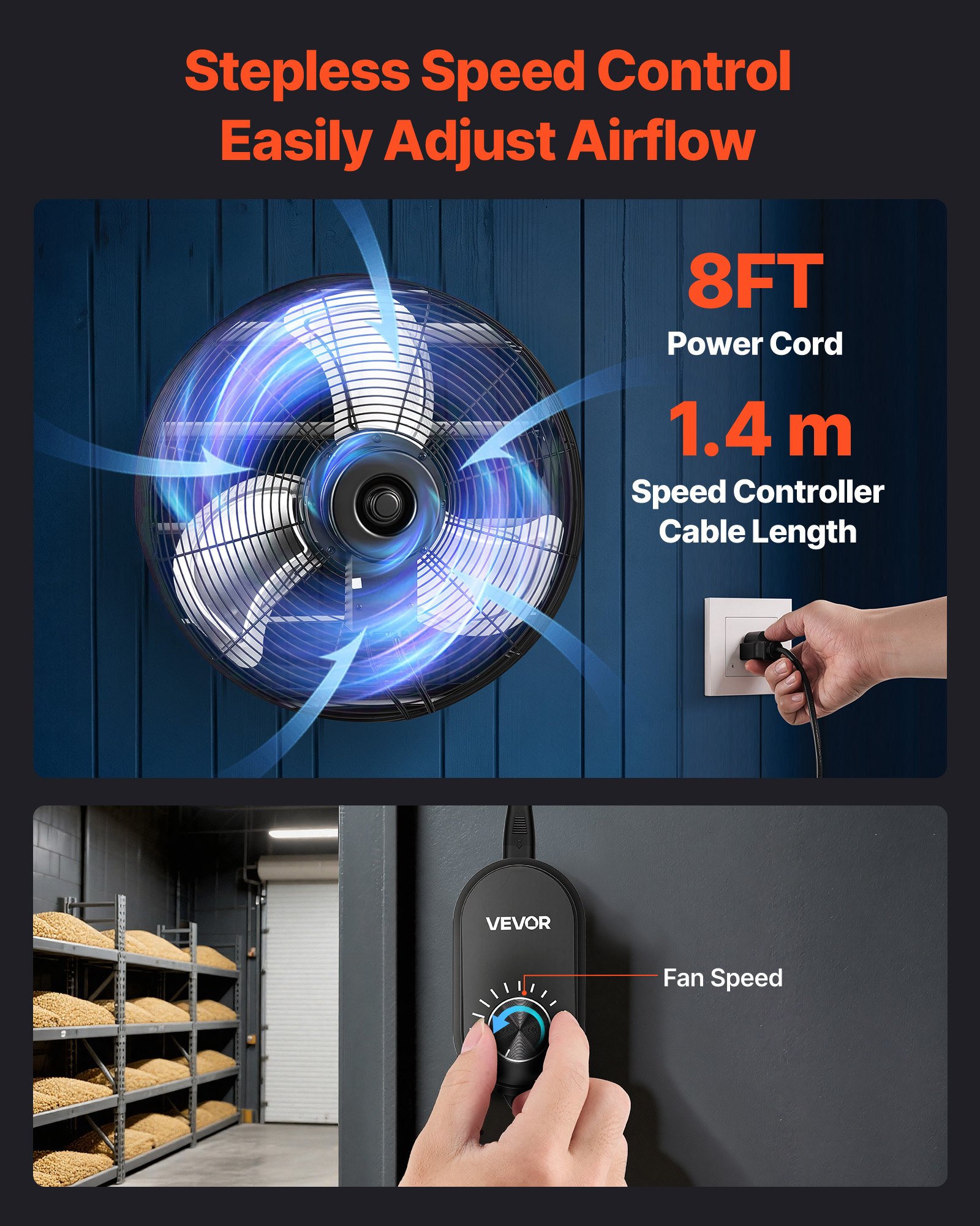VEVOR 20 in Shutter Exhaust Fan Wall-Mount Automatic Louvers Variable Speed, Sturdy Steel Housing, Low Noise, AC Motor, 4499 CFM Ventilation and Cooling for Attic, Garage, Barn, Greenhouse, Workshop