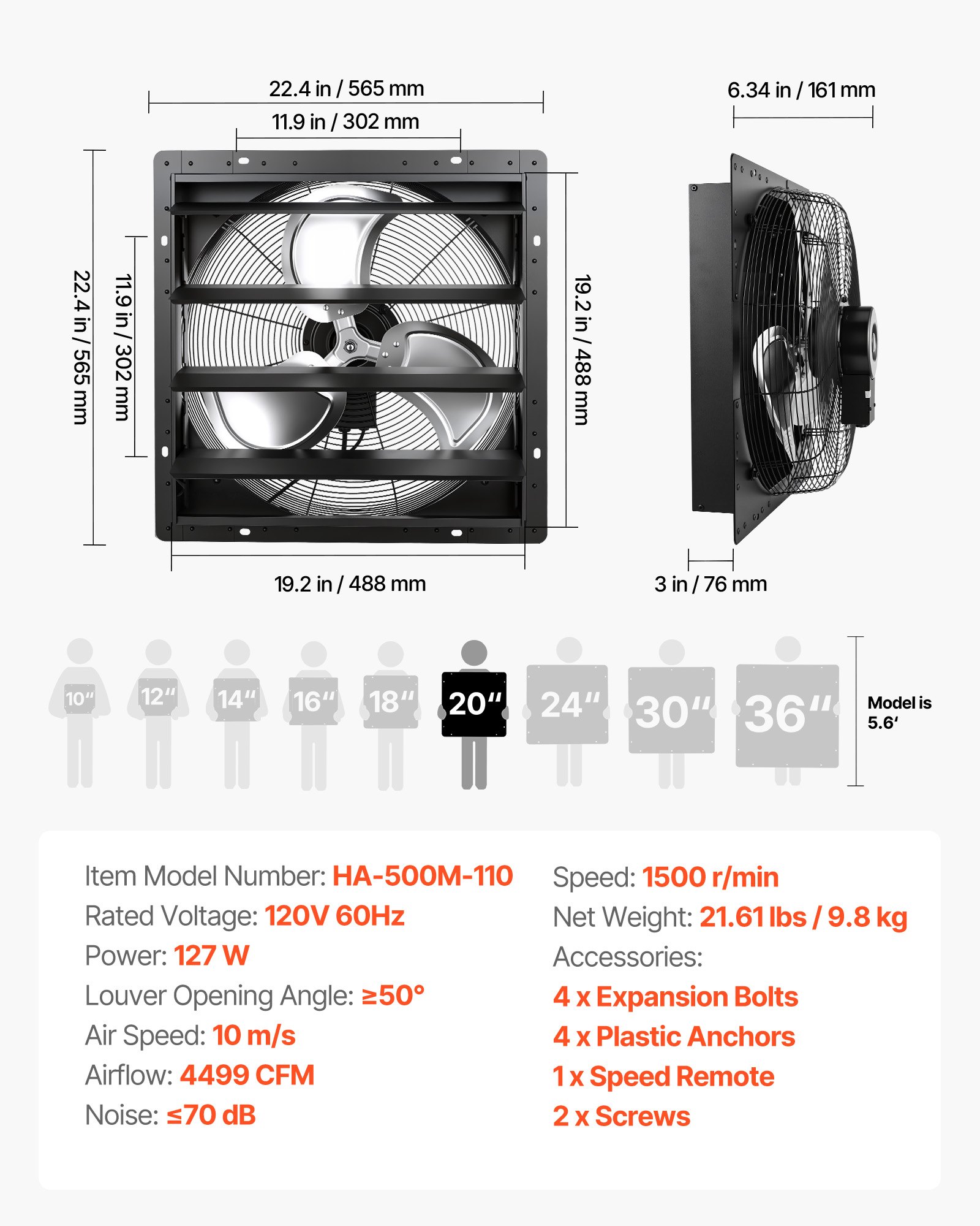 VEVOR 20 in Shutter Exhaust Fan Wall-Mount Automatic Louvers Variable Speed, Sturdy Steel Housing, Low Noise, AC Motor, 4499 CFM Ventilation and Cooling for Attic, Garage, Barn, Greenhouse, Workshop