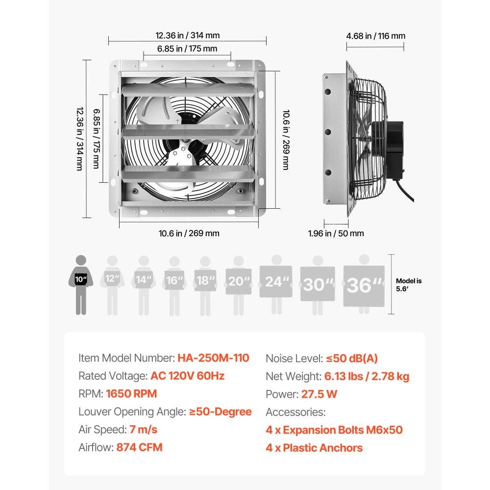 VEVOR 10 Inch Shutter Exhaust Fan Wall Mounted 874 CFM Automatic Louvers, Sturdy Steel Housing, Low Noise, AC Motor, Ventilation and Cooling for Attic, Garage, Barn, Greenhouse, Workshop, Silver