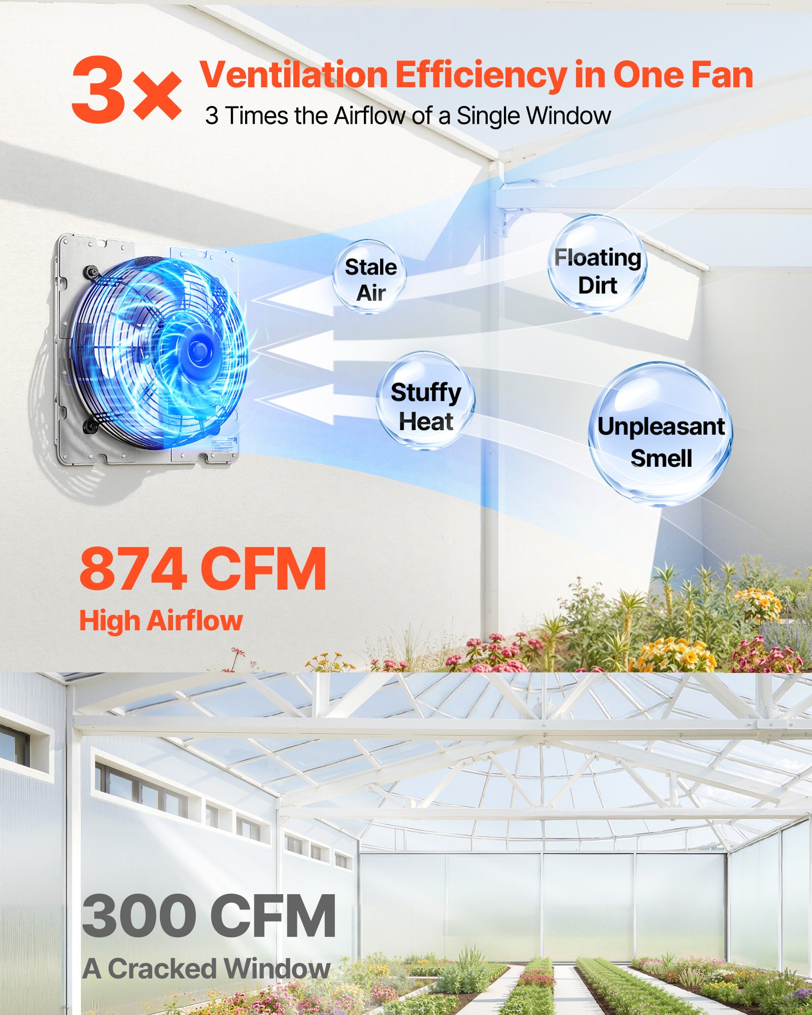 VEVOR 10 Inch Shutter Exhaust Fan Wall Mounted 874 CFM Automatic Louvers, Sturdy Steel Housing, Low Noise, AC Motor, Ventilation and Cooling for Attic, Garage, Barn, Greenhouse, Workshop, Silver