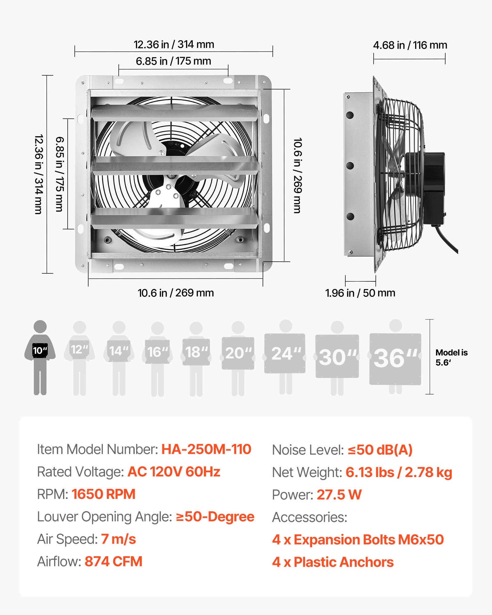 VEVOR 10 Inch Shutter Exhaust Fan Wall Mounted 874 CFM Automatic Louvers, Sturdy Steel Housing, Low Noise, AC Motor, Ventilation and Cooling for Attic, Garage, Barn, Greenhouse, Workshop, Silver