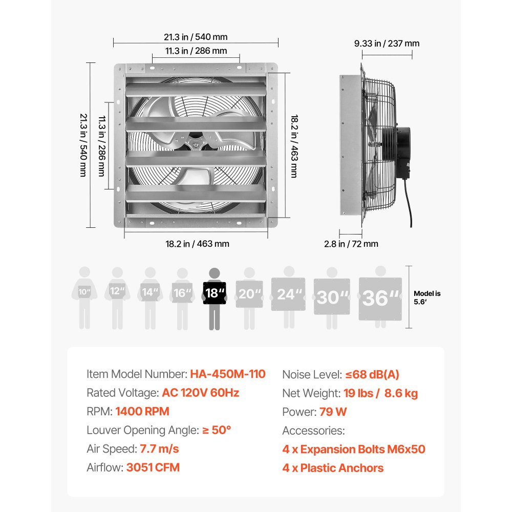 VEVOR 18 Inch Shutter Exhaust Fan Wall Mounted Automatic Louvers Silver, Sturdy Steel Housing, 3051 CFM Low Noise, AC Motor, Ventilation and Cooling for Attic, Garage, Barn, Greenhouse, Workshop