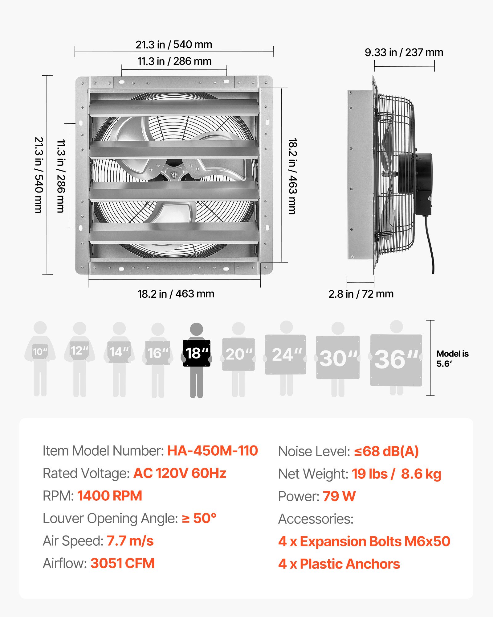 VEVOR 18 Inch Shutter Exhaust Fan Wall Mounted Automatic Louvers Silver, Sturdy Steel Housing, 3051 CFM Low Noise, AC Motor, Ventilation and Cooling for Attic, Garage, Barn, Greenhouse, Workshop