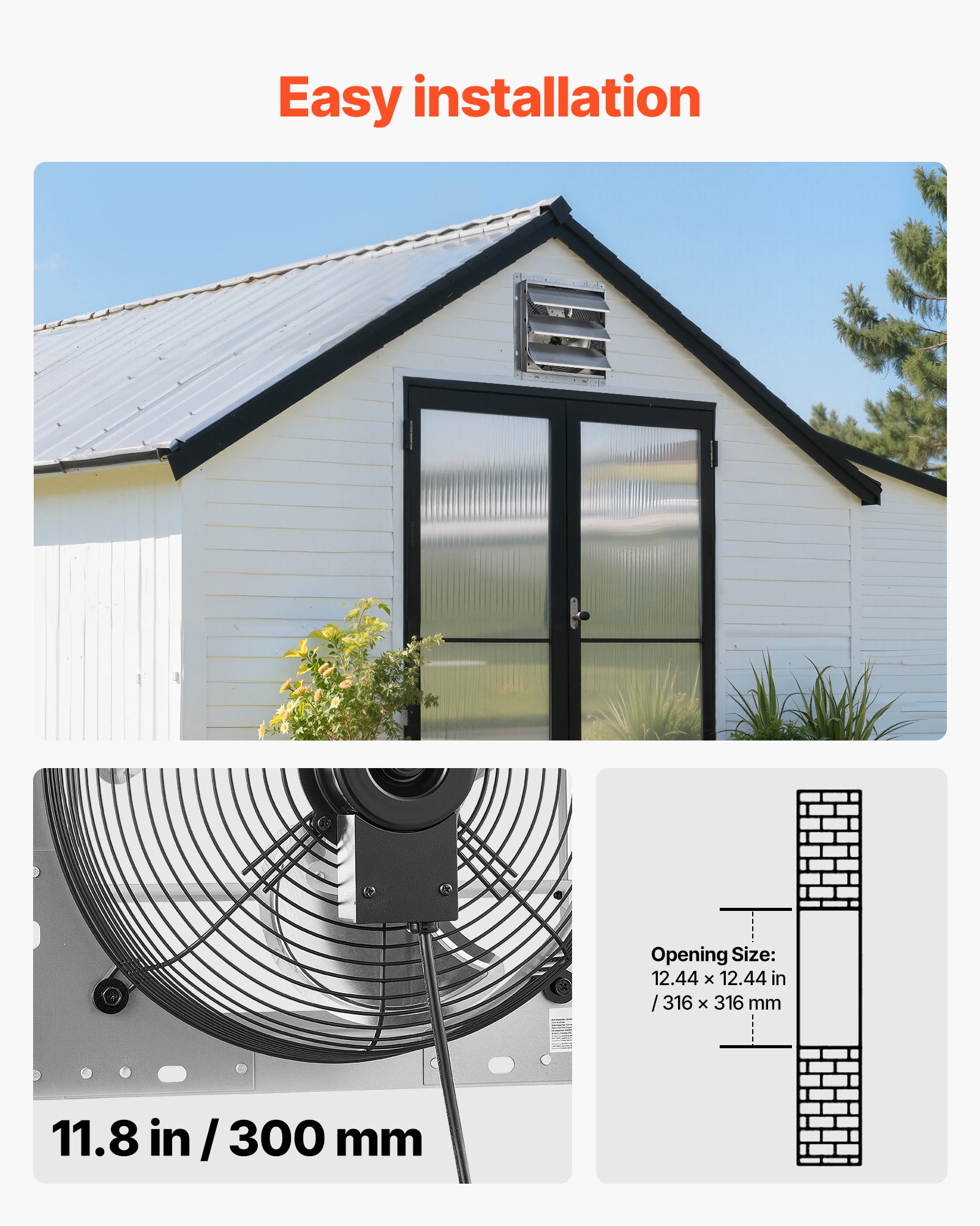 VEVOR 12 Inch Shutter Exhaust Fan Wall Mounted 1347 CFM Automatic Louvers, Sturdy Steel Housing, Low Noise, AC Motor, Ventilation and Cooling for Attic, Garage, Barn, Greenhouse, Workshop, Silver