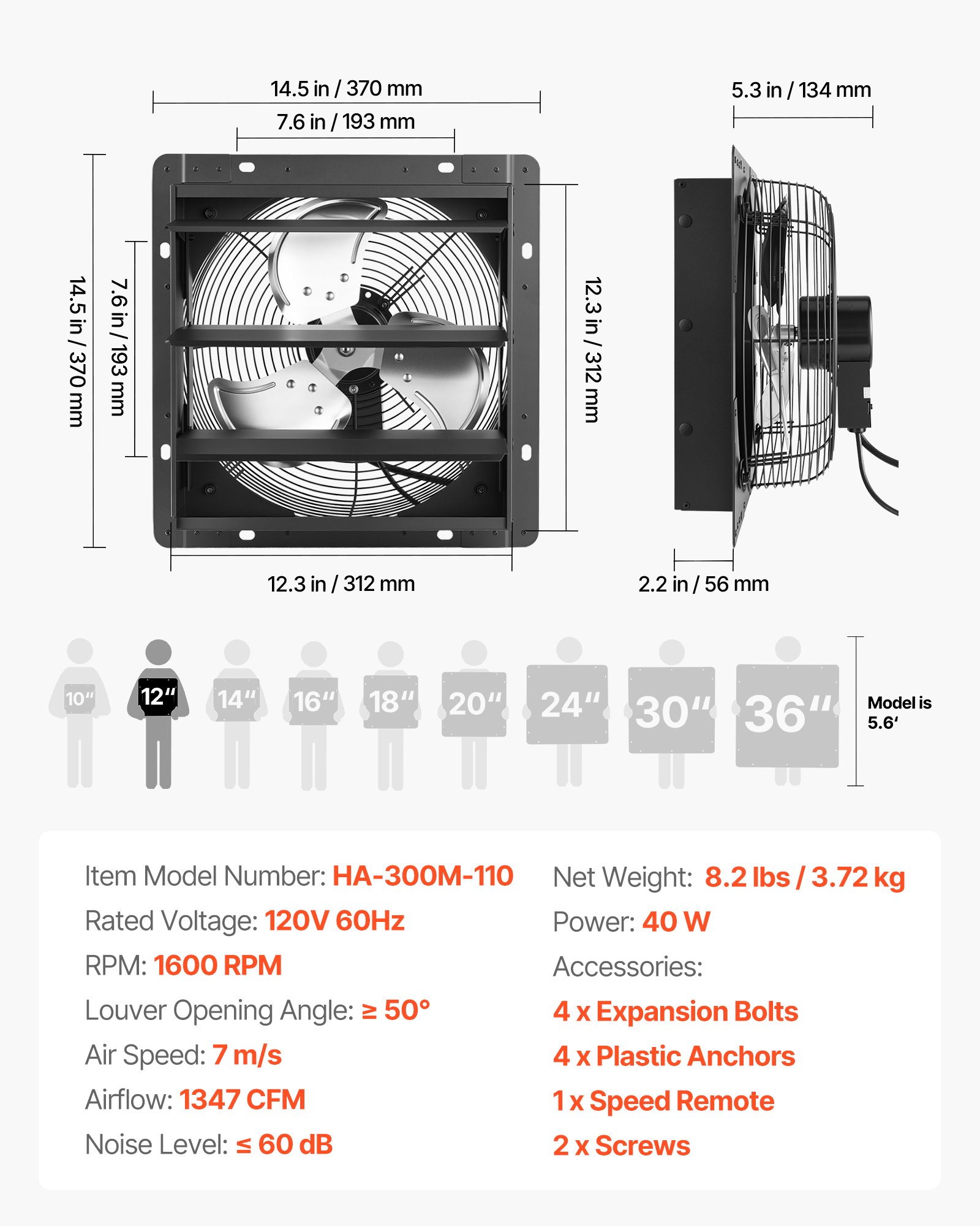 VEVOR 12 in Shutter Exhaust Fan Wall-Mount Automatic Louvers Variable Speed, Sturdy Steel Housing, Low Noise, AC Motor, 1347 CFM Ventilation and Cooling for Attic, Garage, Barn, Greenhouse, Workshop