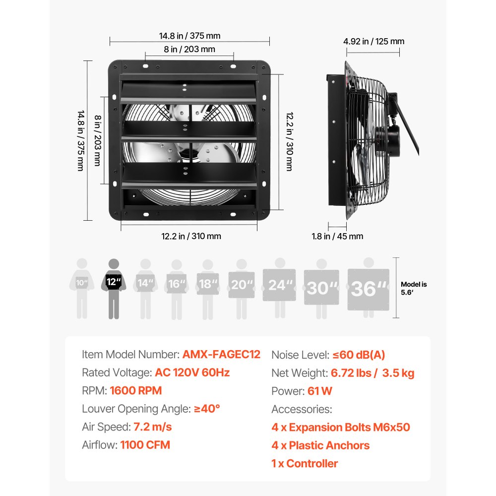 VEVOR 12 inch Shutter Exhaust Fan Wall-Mount Variable Speed Temperature, Automatic Louvers Sturdy Steel Housing, Low Noise, Ventilation and Cooling for Attic, Garage, Barn, Greenhouse, Workshop