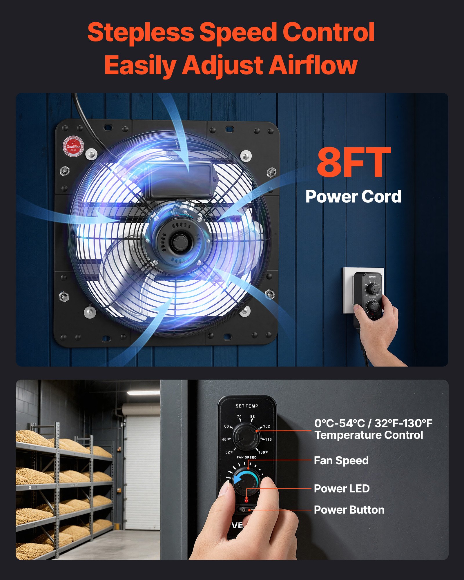 VEVOR 12 inch Shutter Exhaust Fan Wall-Mount Variable Speed Temperature, Automatic Louvers Sturdy Steel Housing, Low Noise, Ventilation and Cooling for Attic, Garage, Barn, Greenhouse, Workshop