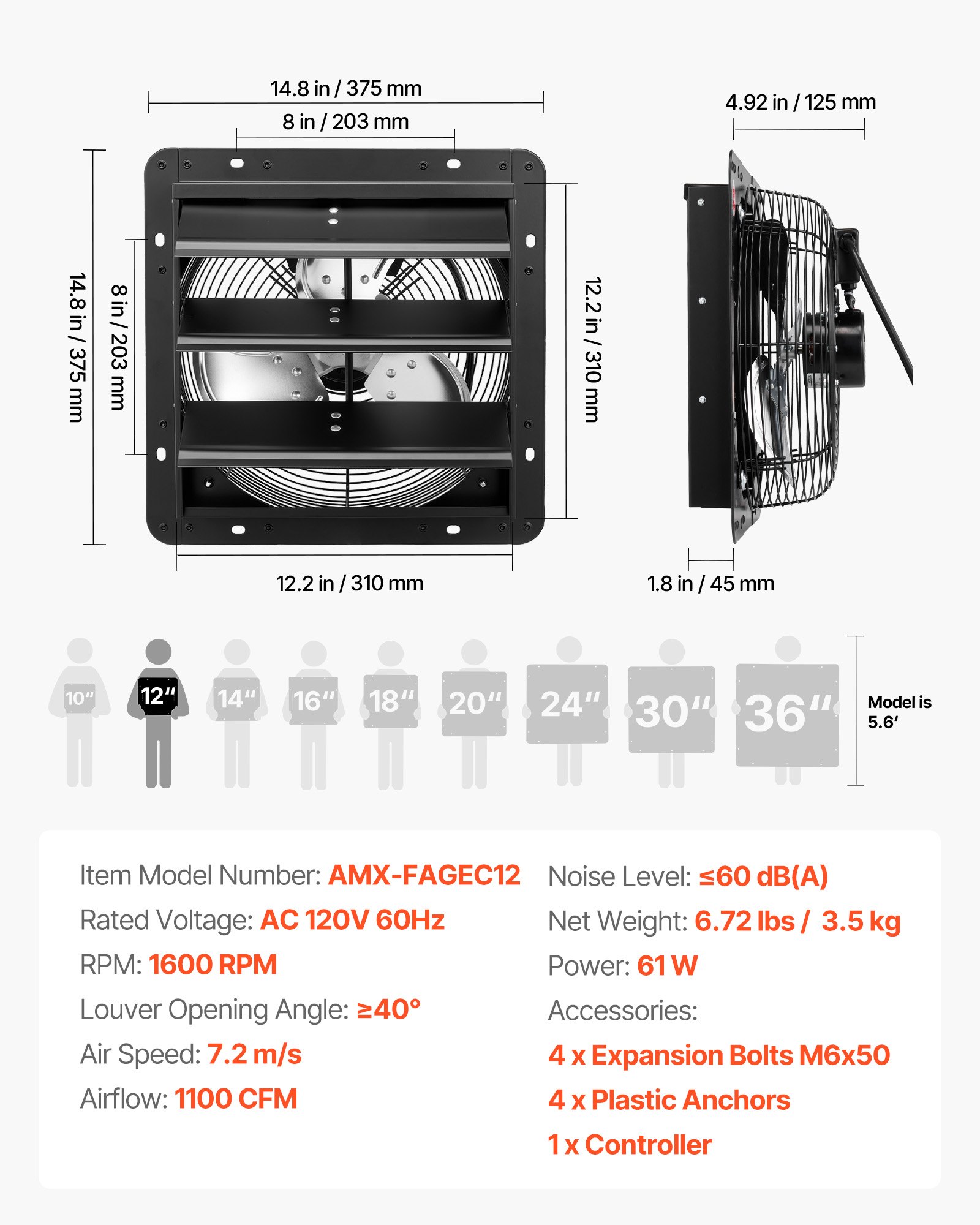 VEVOR 12 inch Shutter Exhaust Fan Wall-Mount Variable Speed Temperature, Automatic Louvers Sturdy Steel Housing, Low Noise, Ventilation and Cooling for Attic, Garage, Barn, Greenhouse, Workshop