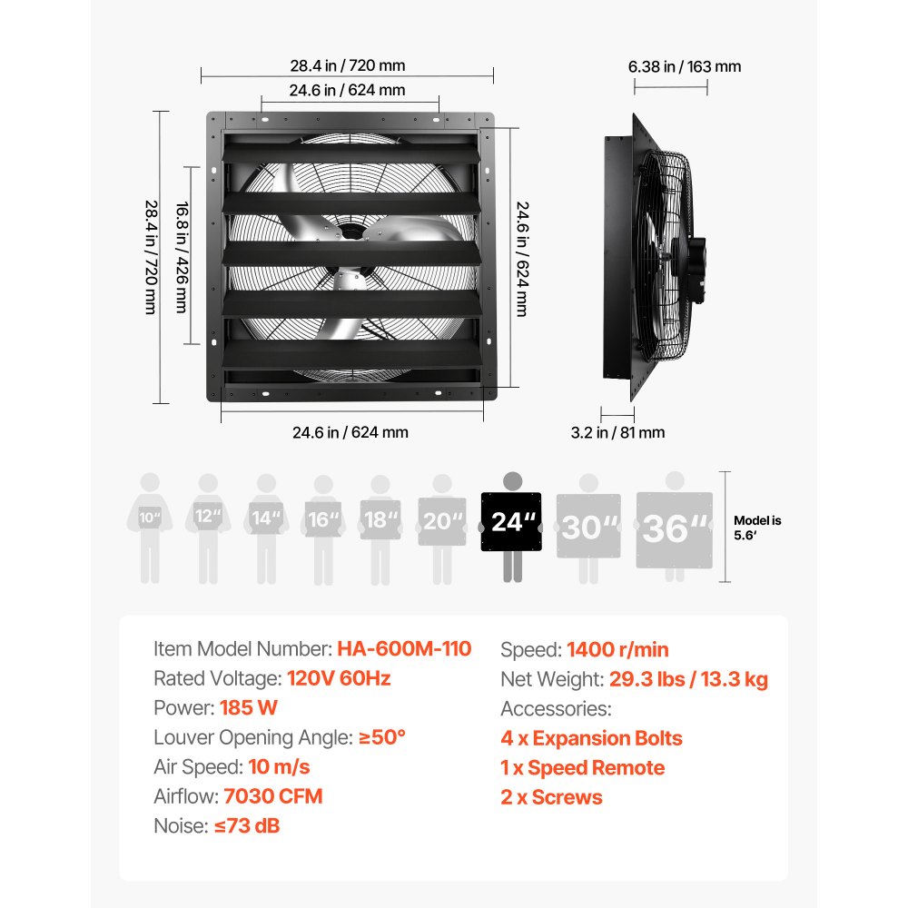 VEVOR 24 in Shutter Exhaust Fan Wall-Mount Automatic Louvers Variable Speed, Sturdy Steel Housing, Low Noise, AC Motor, 7030 CFM Ventilation and Cooling for Attic, Garage, Barn, Greenhouse, Workshop