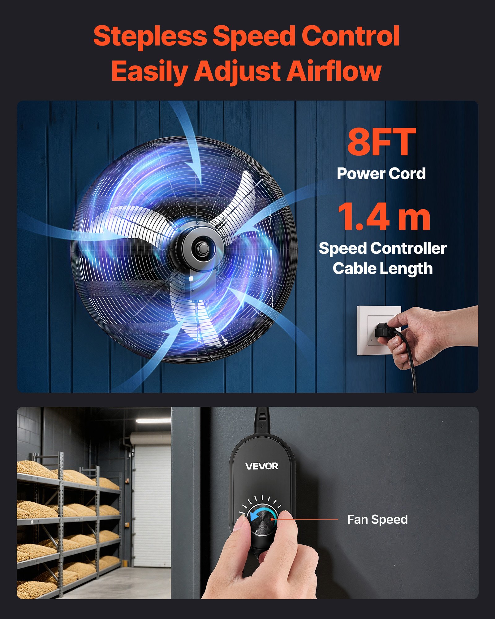 VEVOR 24 in Shutter Exhaust Fan Wall-Mount Automatic Louvers Variable Speed, Sturdy Steel Housing, Low Noise, AC Motor, 7030 CFM Ventilation and Cooling for Attic, Garage, Barn, Greenhouse, Workshop