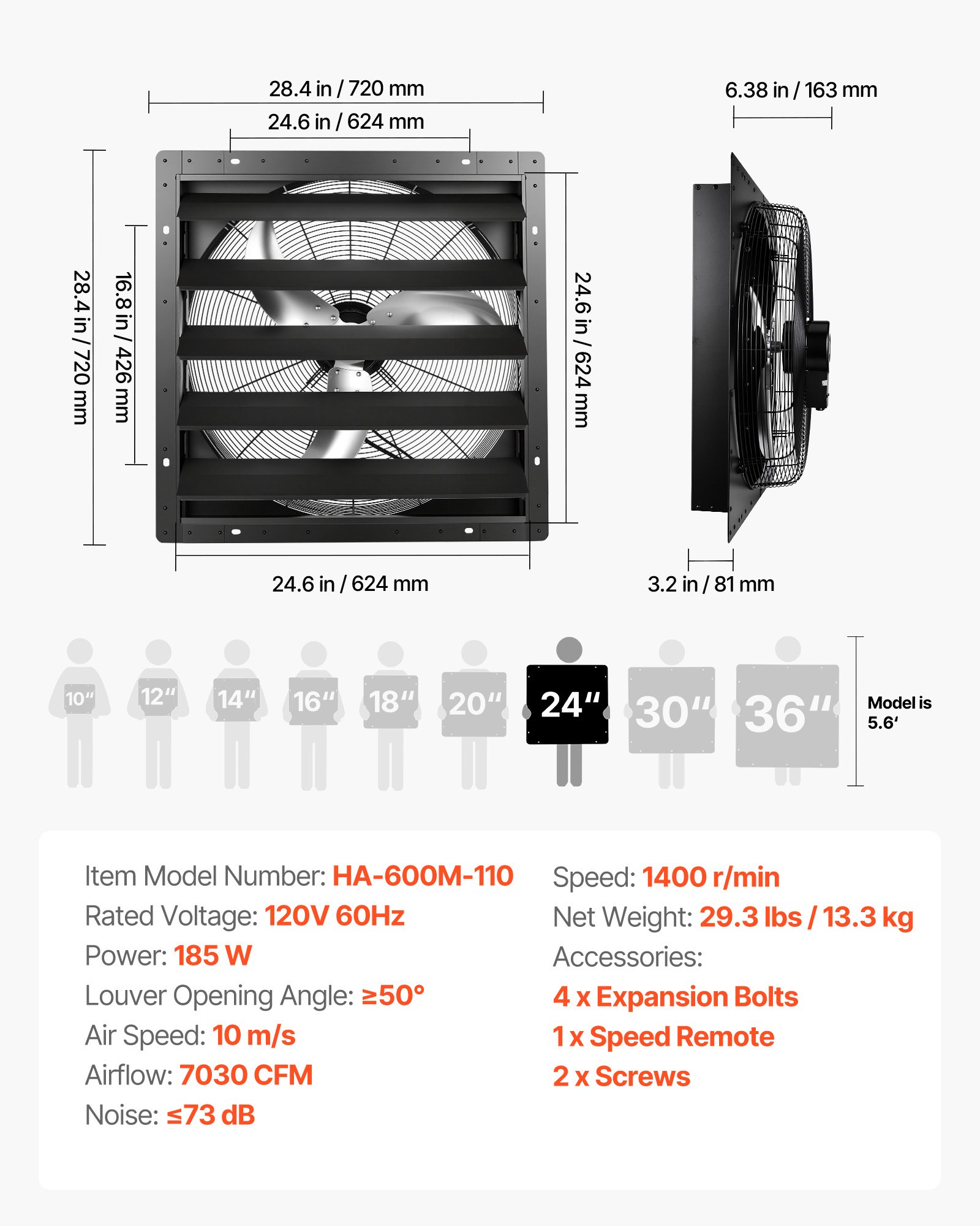 VEVOR 24 in Shutter Exhaust Fan Wall-Mount Automatic Louvers Variable Speed, Sturdy Steel Housing, Low Noise, AC Motor, 7030 CFM Ventilation and Cooling for Attic, Garage, Barn, Greenhouse, Workshop